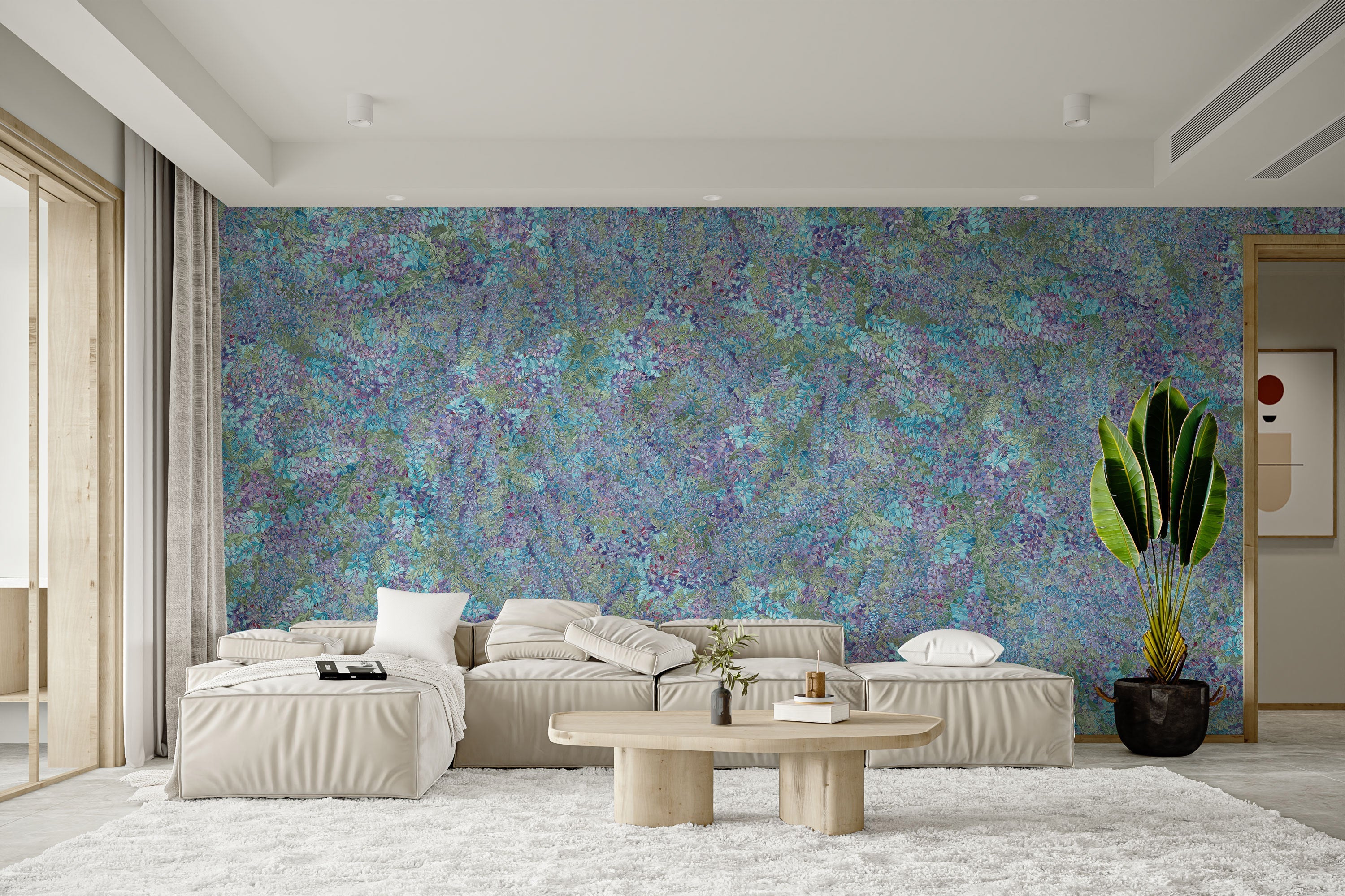 Wisteria green and purple wallpaper murals for living room
