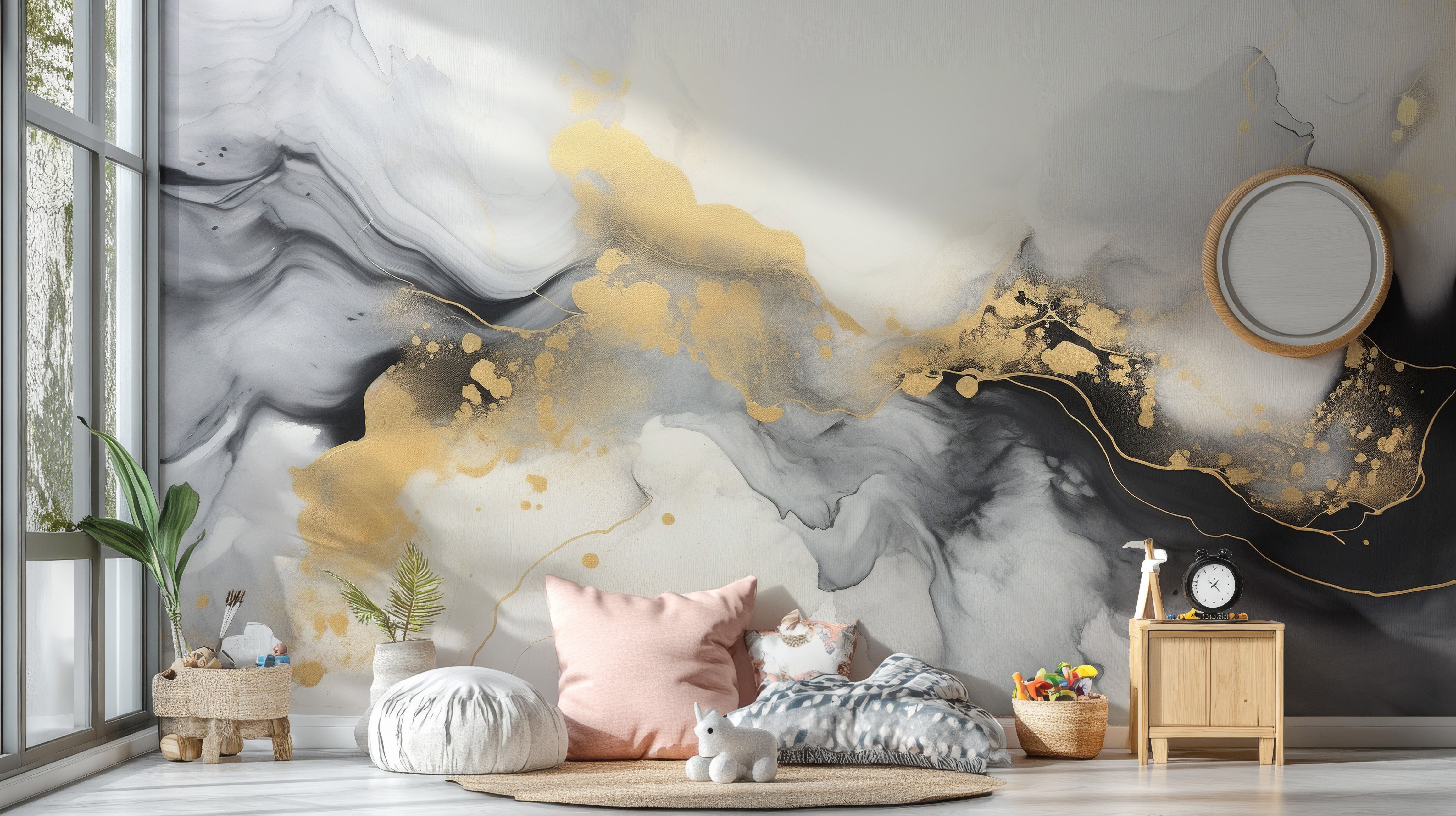 Gold streaks and marble abstract wallpaper design.