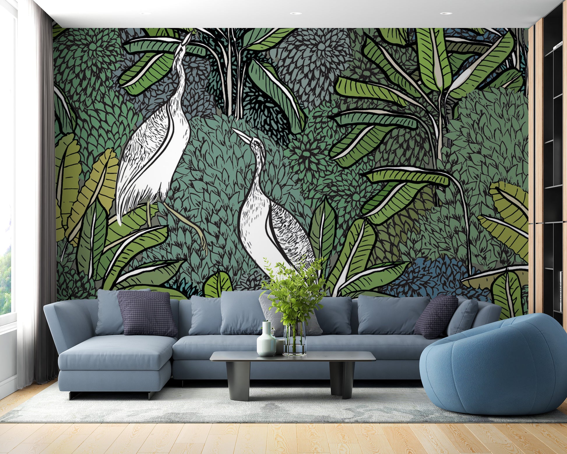 White Crane Birds & Green Tropical Plants Wallpaper - Giffywalls