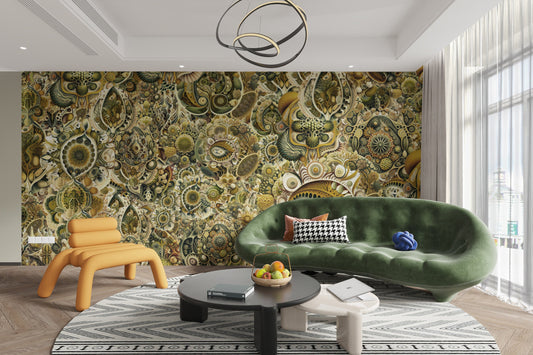 Green abstract Haeckel wallpaper for a fresh, artistic wall design.