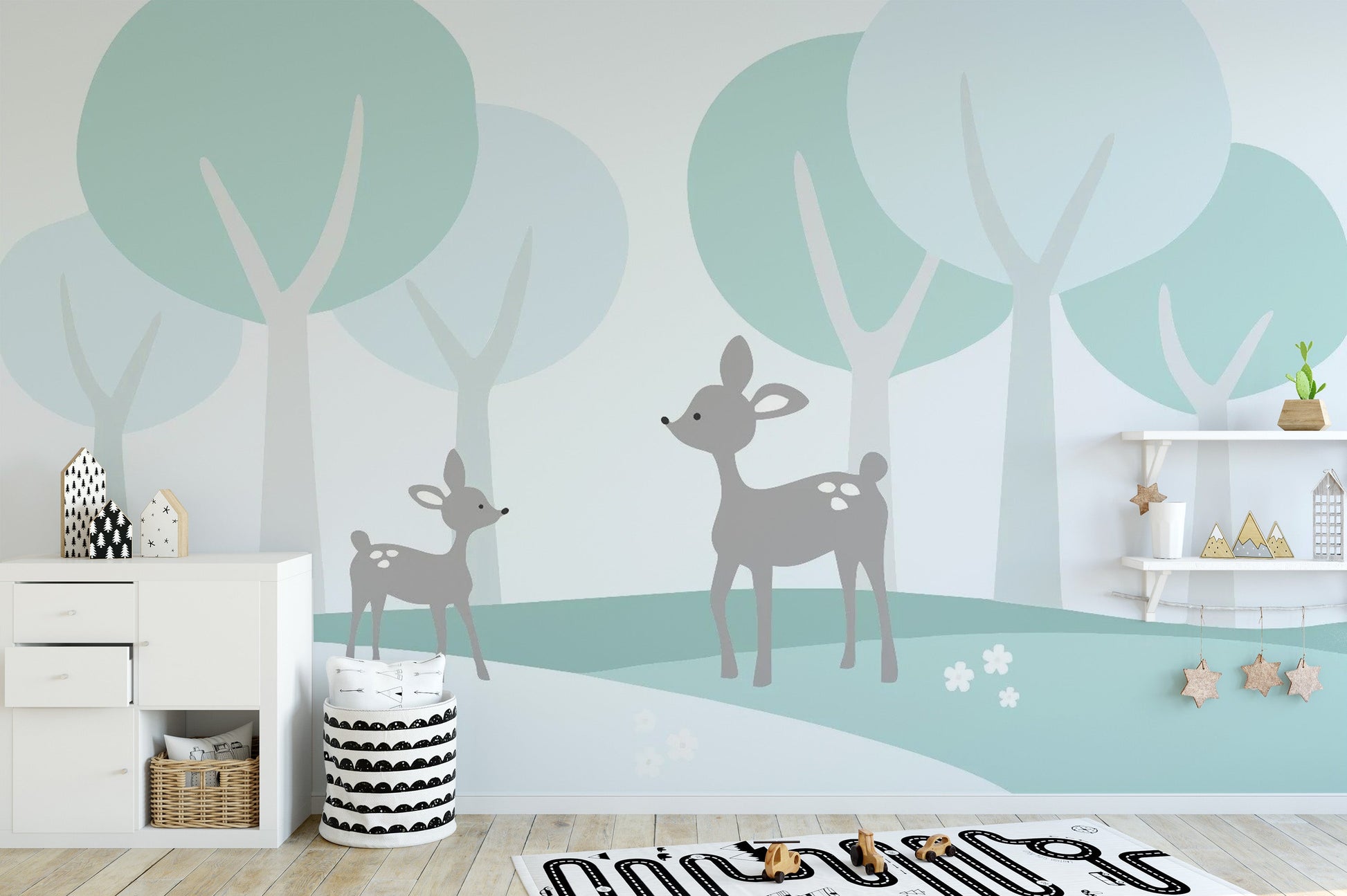 Scenic baby deer mural wallpaper for toddlers
