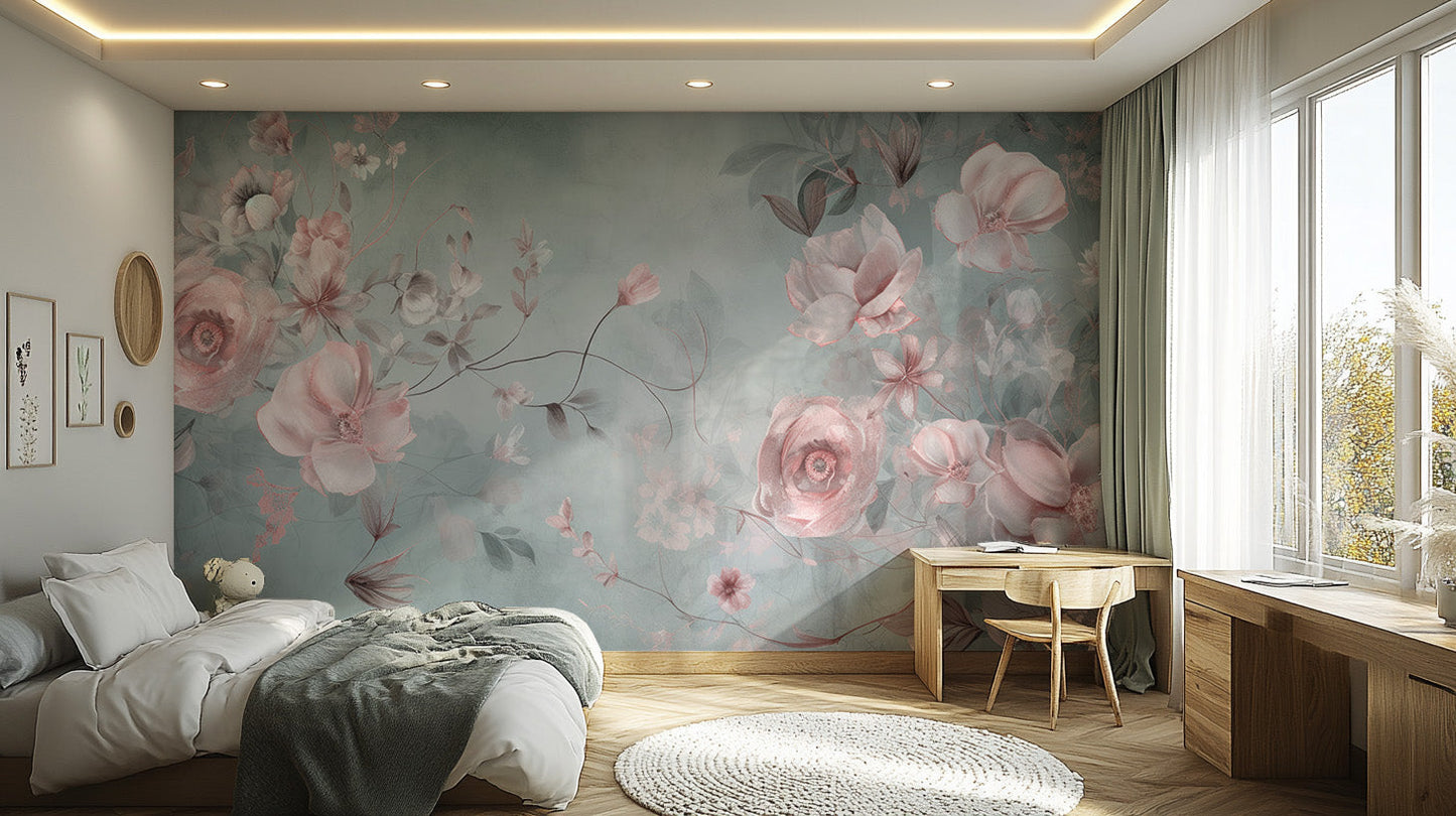 Decorative blooming pink flower wallpaper for interiors