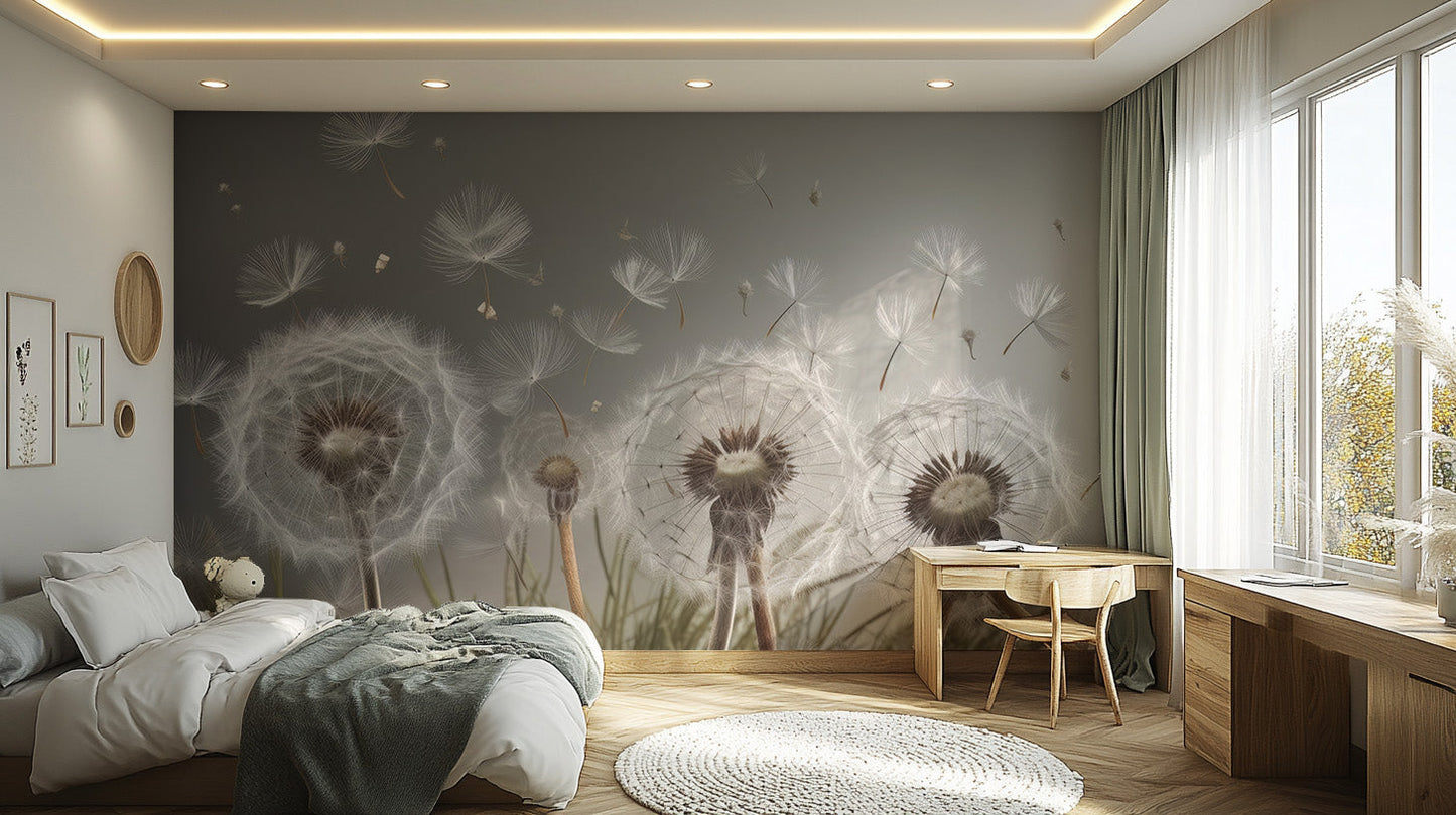 Serene dandelion drift wall mural design