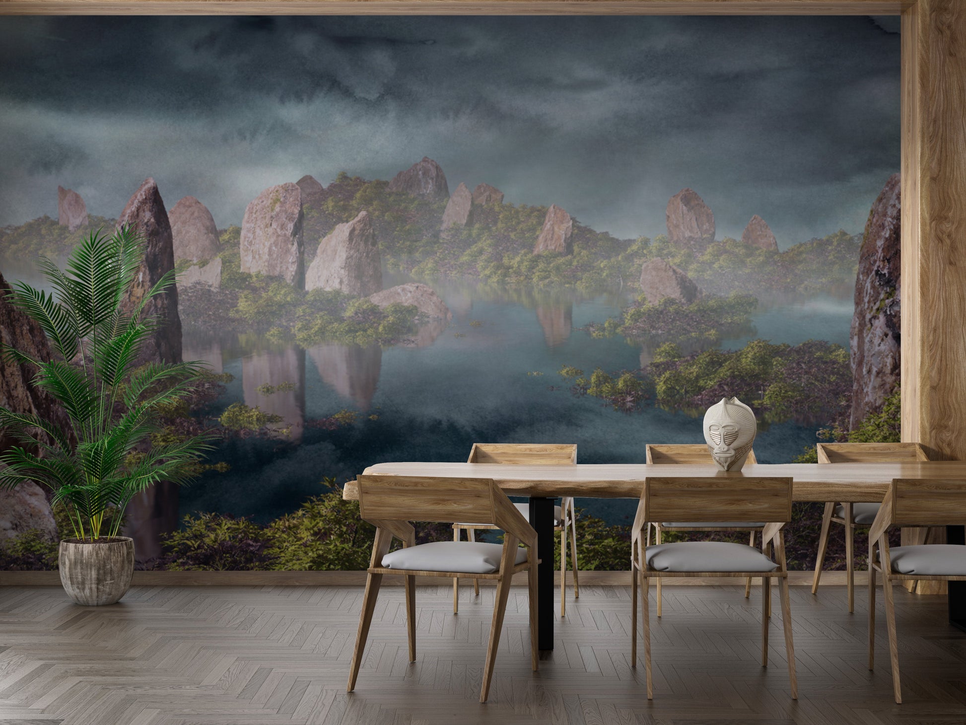 Stunning Chinese landscape wallpaper in dramatic blue tones.