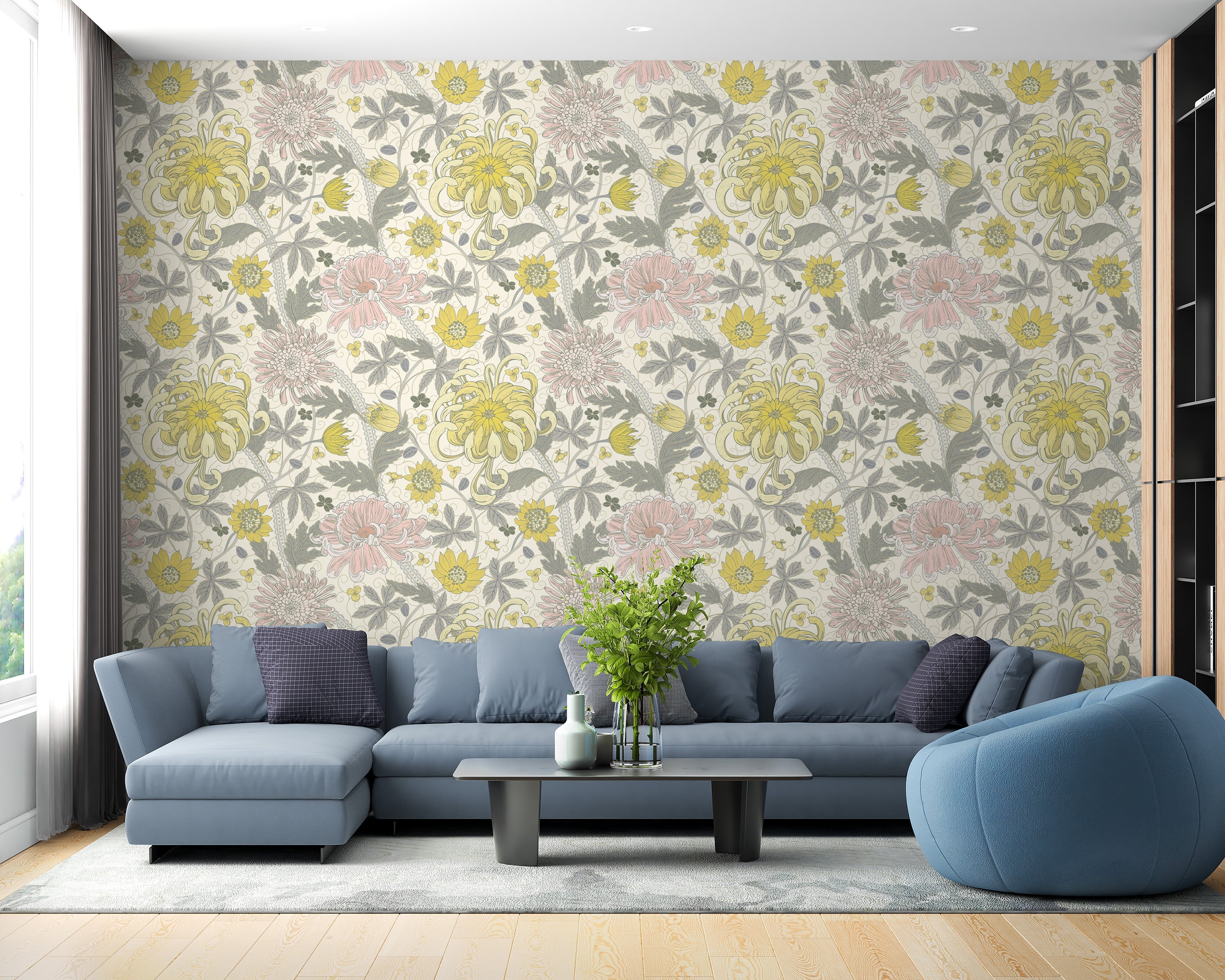 Vintage-inspired chrysanthemum garden wallpaper