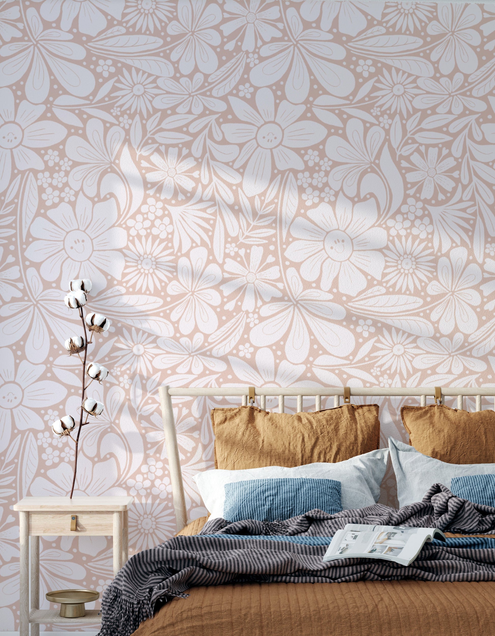 Happy blooms pastel pink wallpaper for bright and serene walls.
