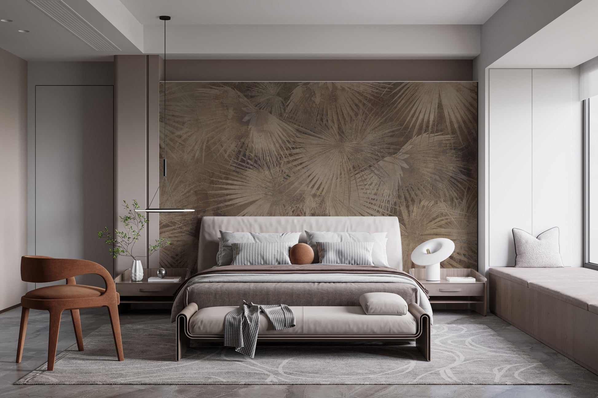 Natural-tone mural with palm leaf accents