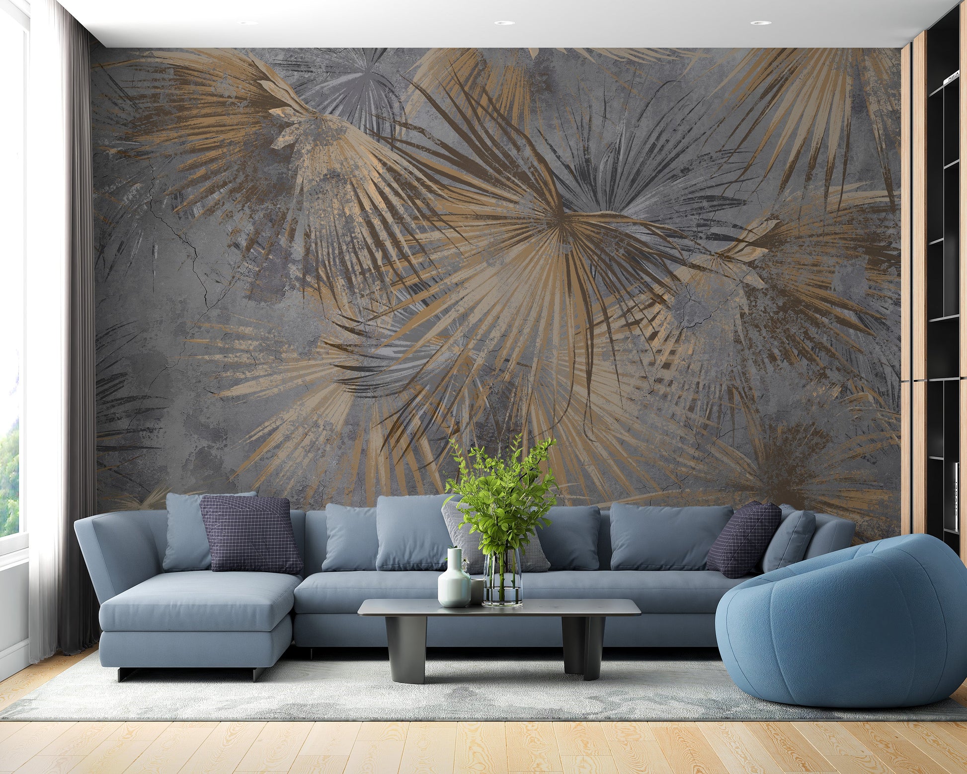 Elegant mural with gold and slate fronds