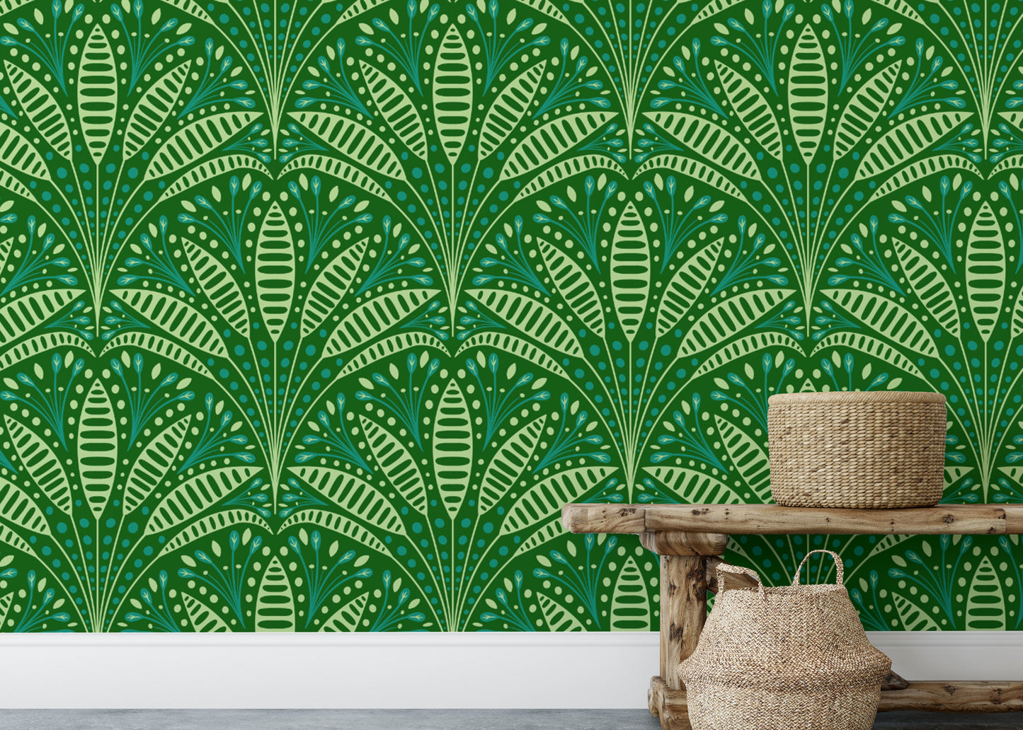 Decorative green palm mural in a chic Art Deco aesthetic.