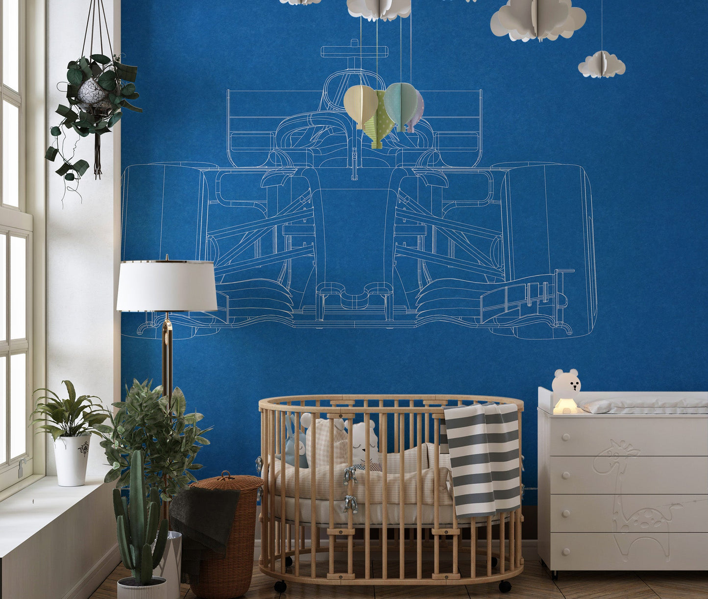 F1 car blueprint mural for motorsport lovers
