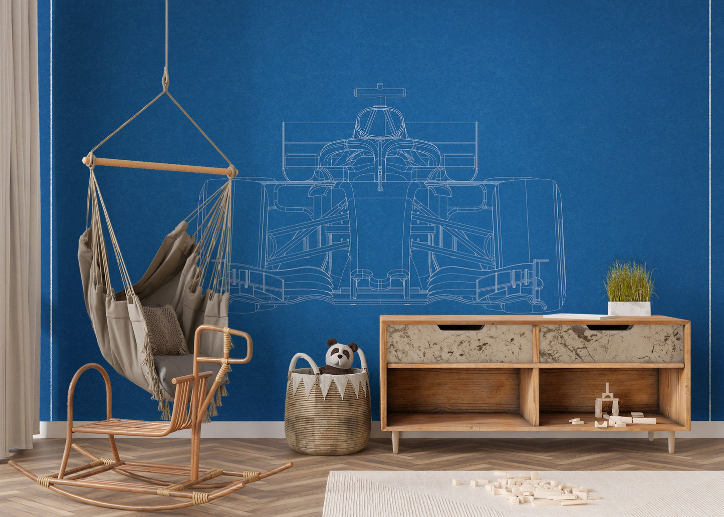 Formula One blueprint wallpaper mural design for kids
