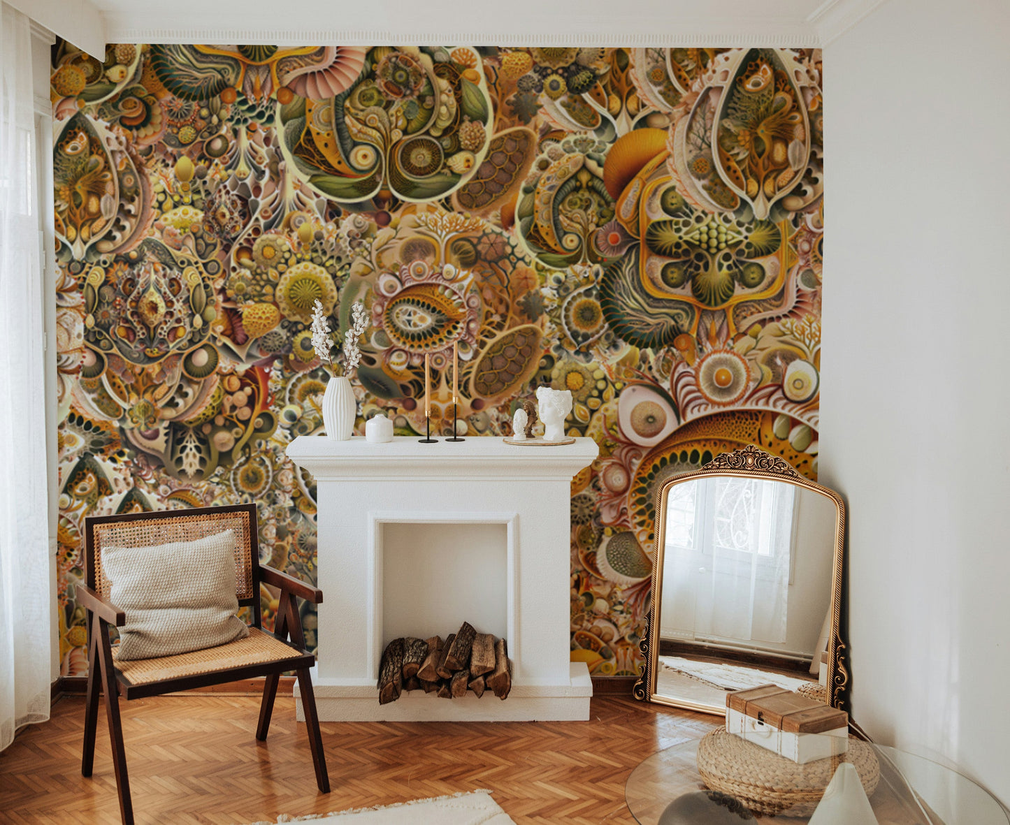 Yellow-brown abstract Haeckel mural wallpaper for a timeless, elegant design.