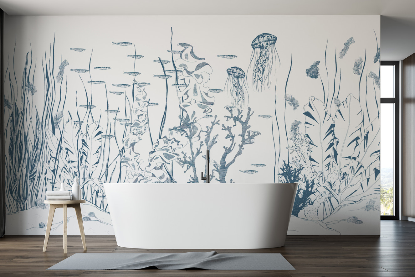 Hand-drawn ocean wallpaper with coral reef
