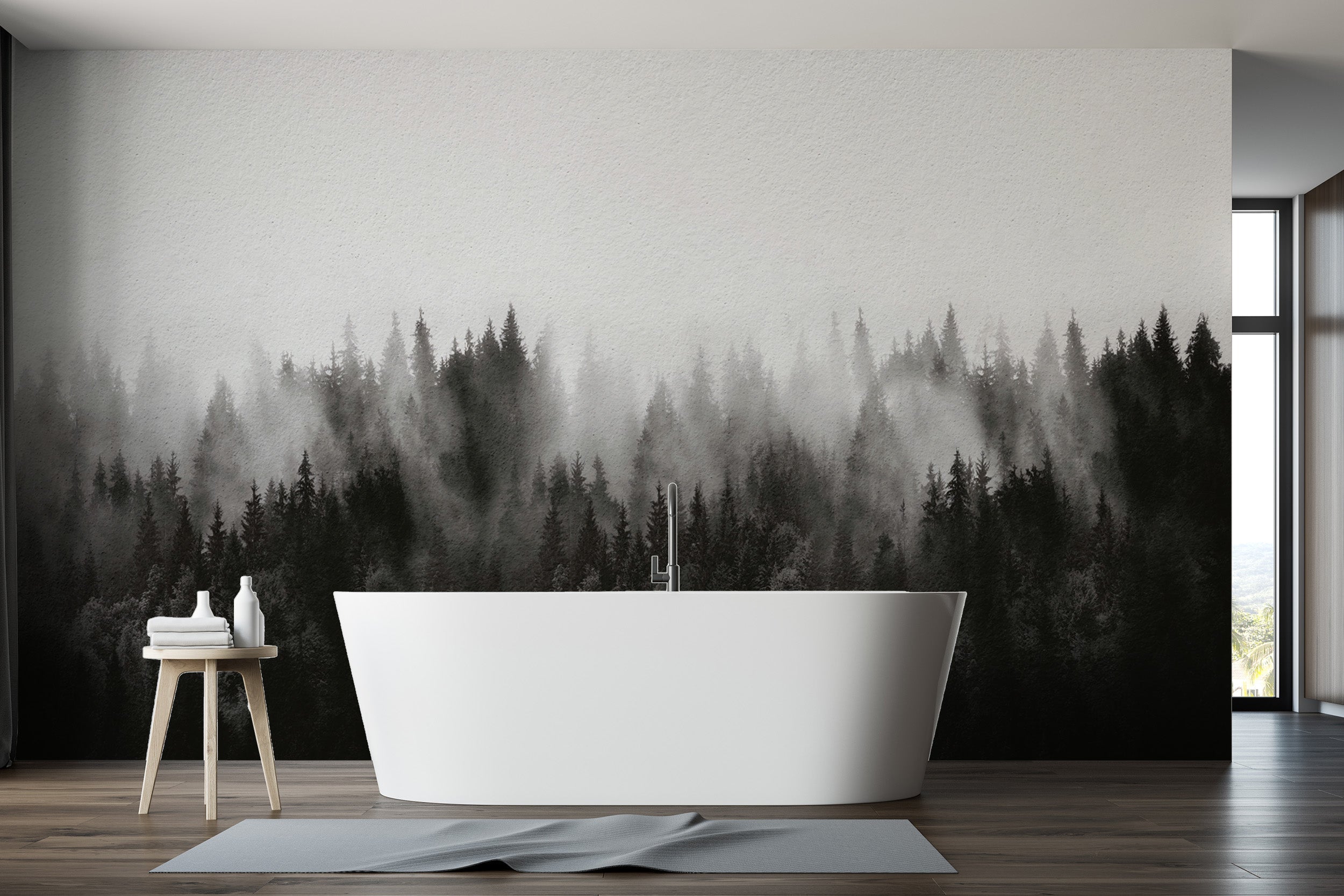 Lush forest mural featuring misty pine trees for refined decor.
