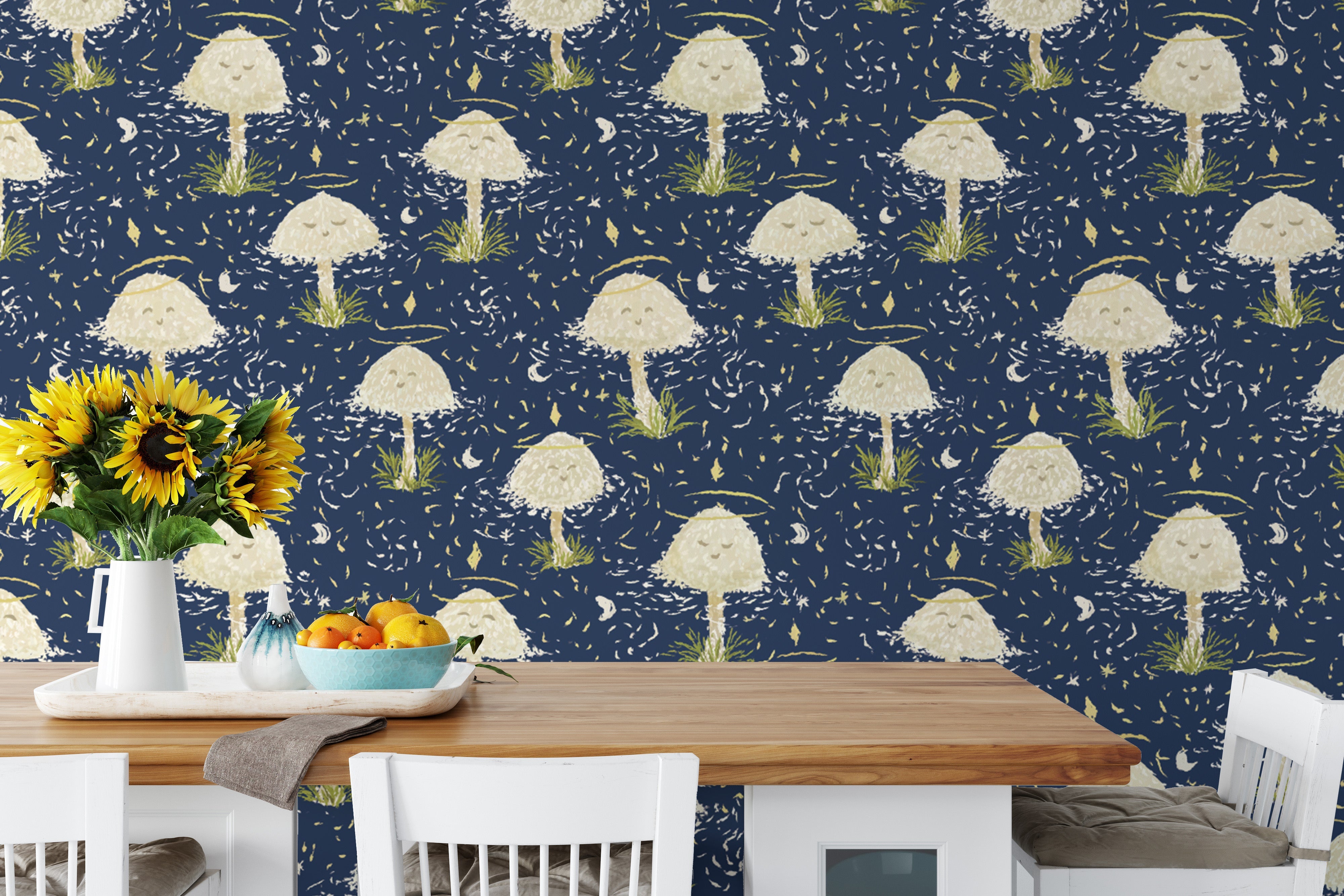 Stylish dancing mushrooms wallpaper for bold, creative spaces.
