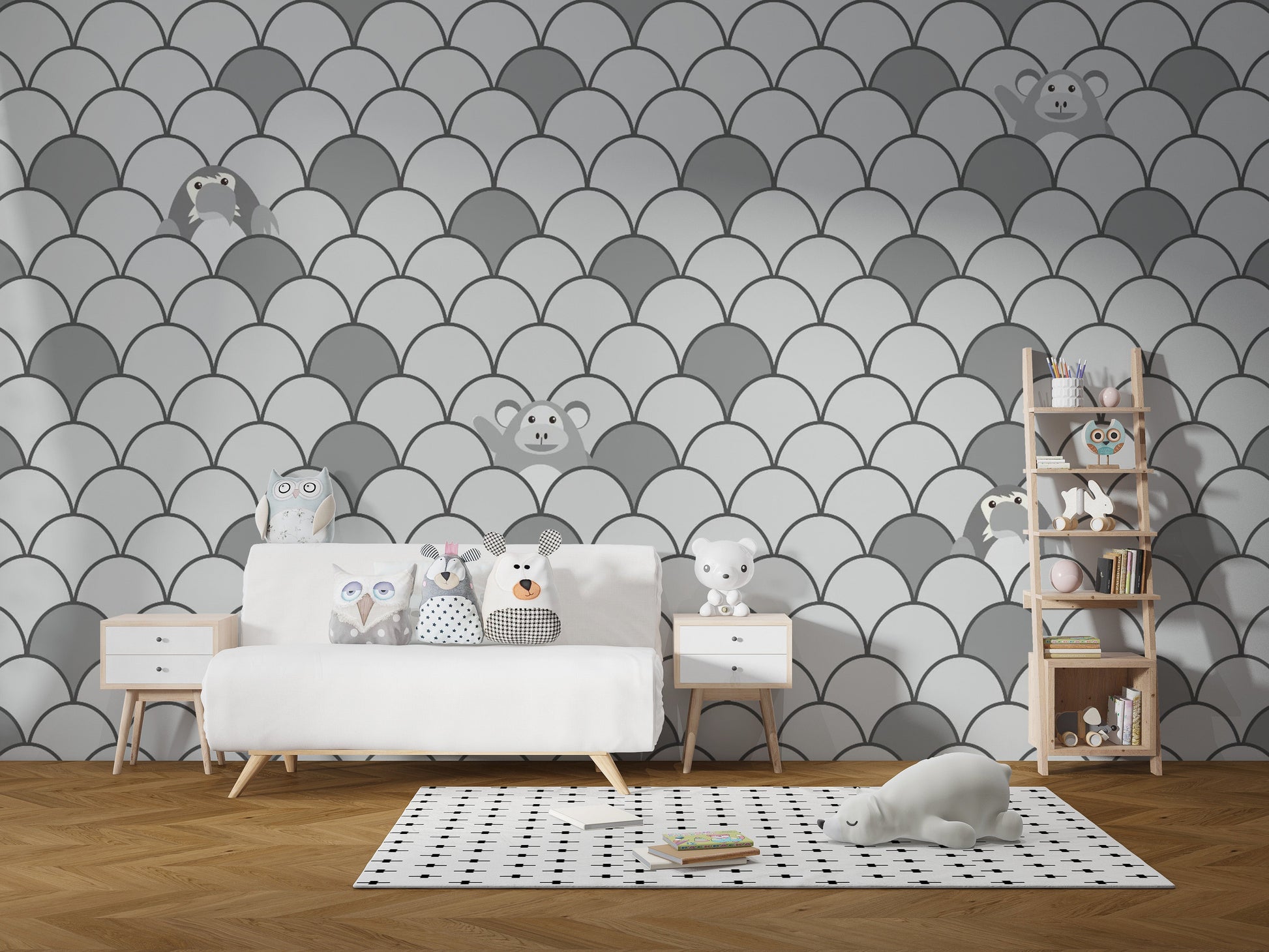 Grey Color Kids Animated Motifs Wallpaper Mural - Giffywalls