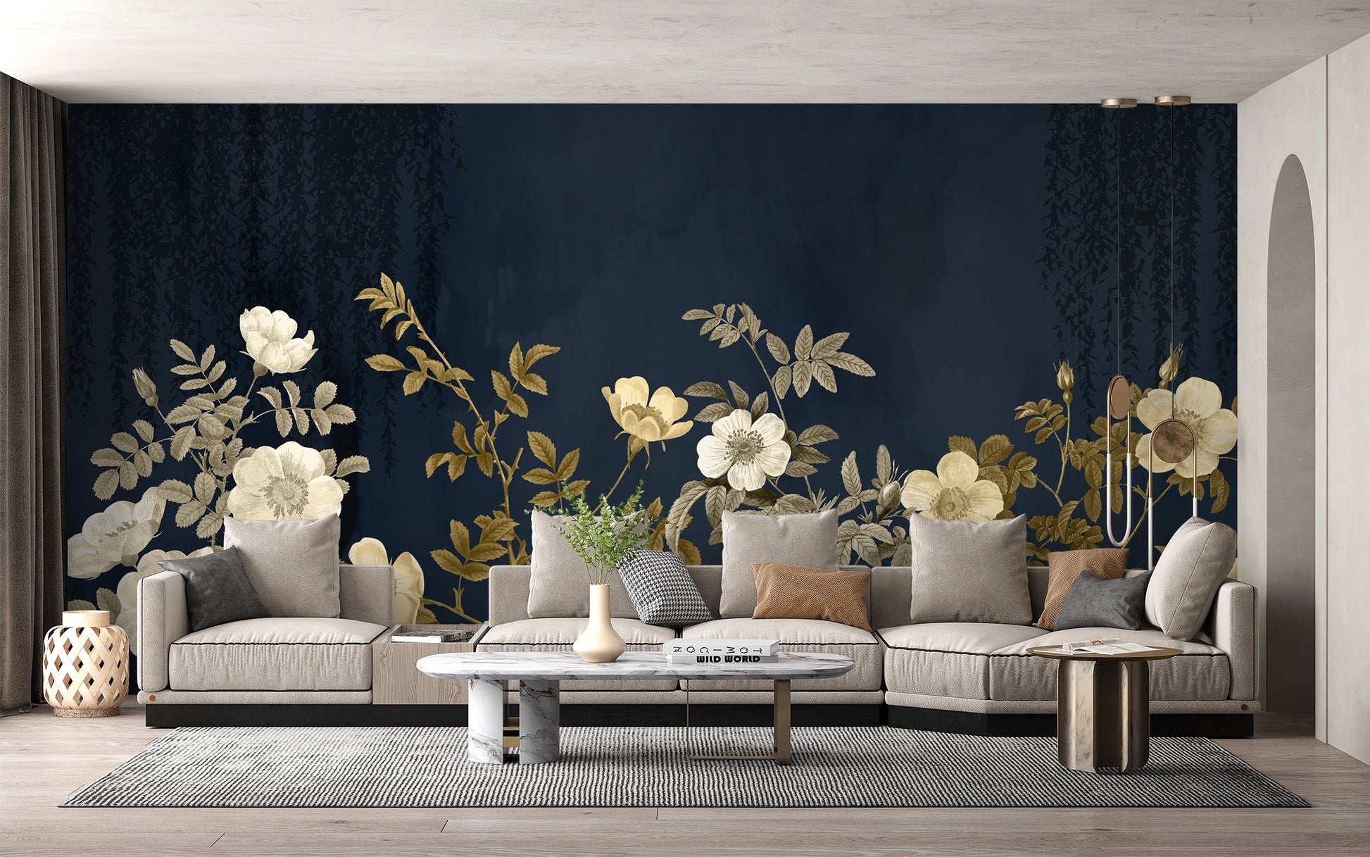 Dramatic midnight gold flora wallpaper for sophisticated interiors.