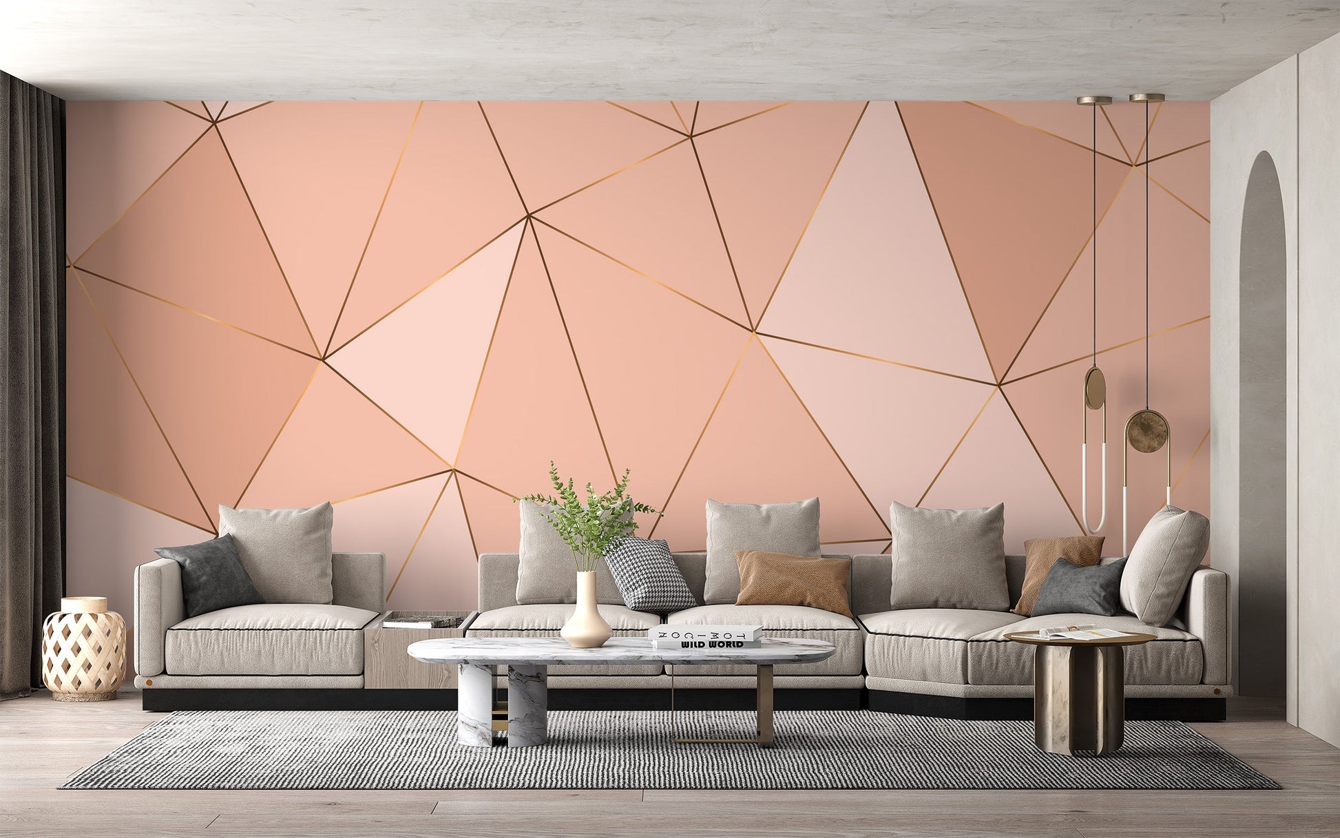 Peach geometric wallpaper mural for modern and chic interiors.
