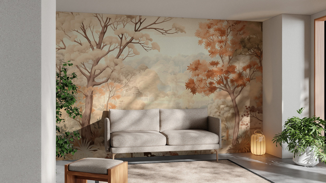 Forest autumn watercolor beige wallpaper for a soft, natural vibe.