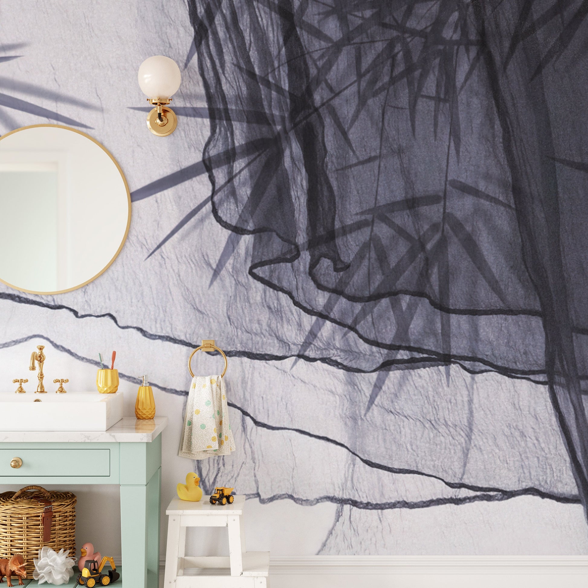 Textile mural wallpaper featuring elegant Ethereal Float art