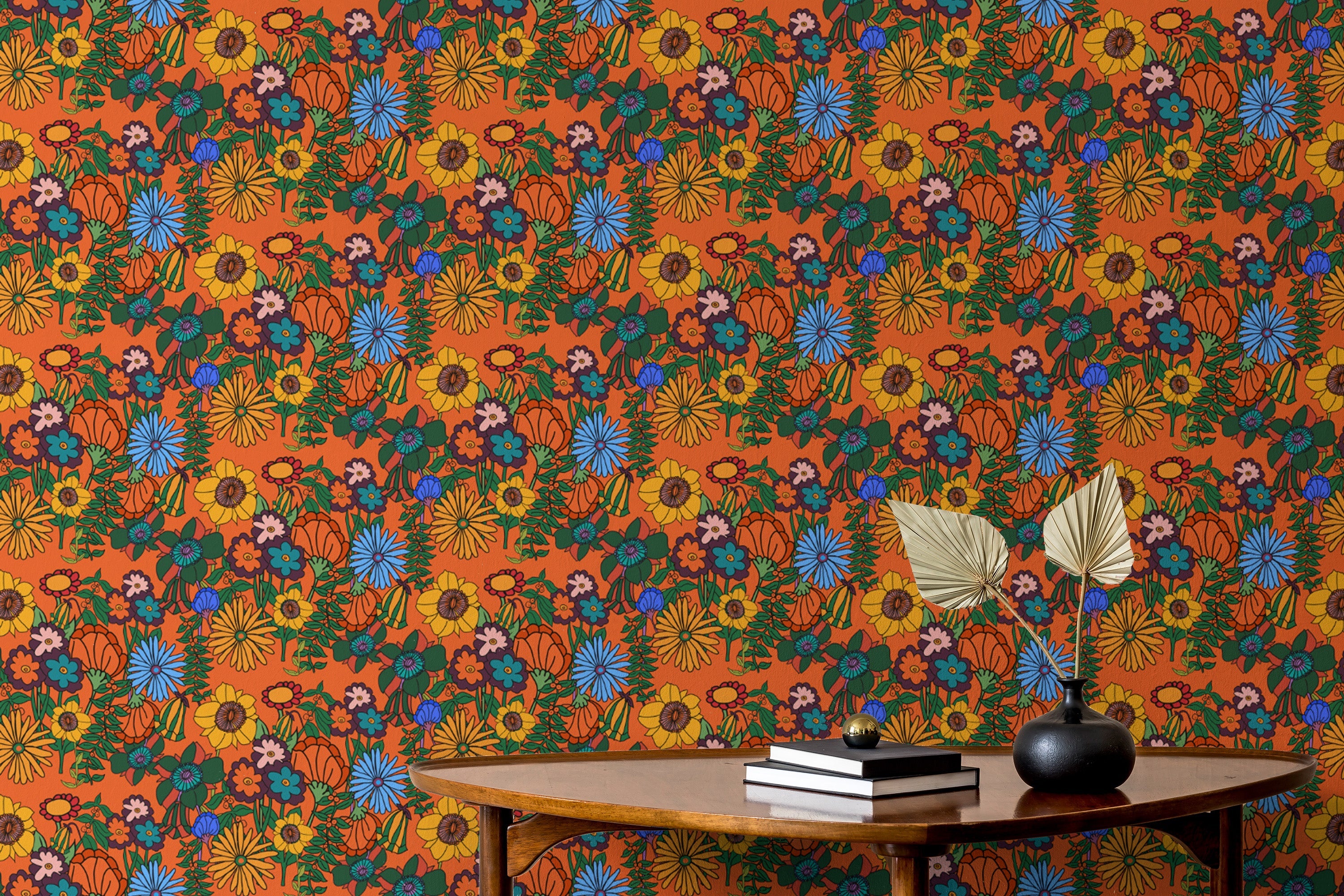 Retro 60s Floral Orange Wallpaper for timeless style