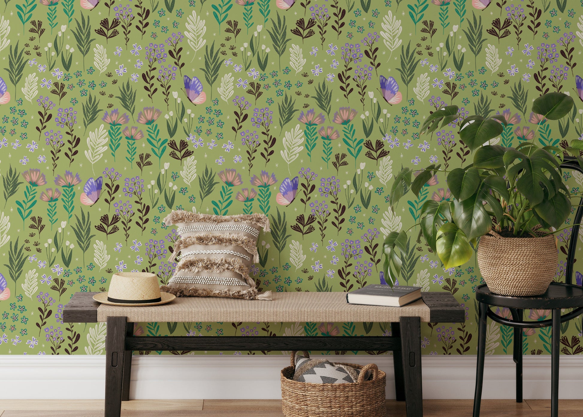 Elegant green wallpaper featuring a meadow of butterflies.