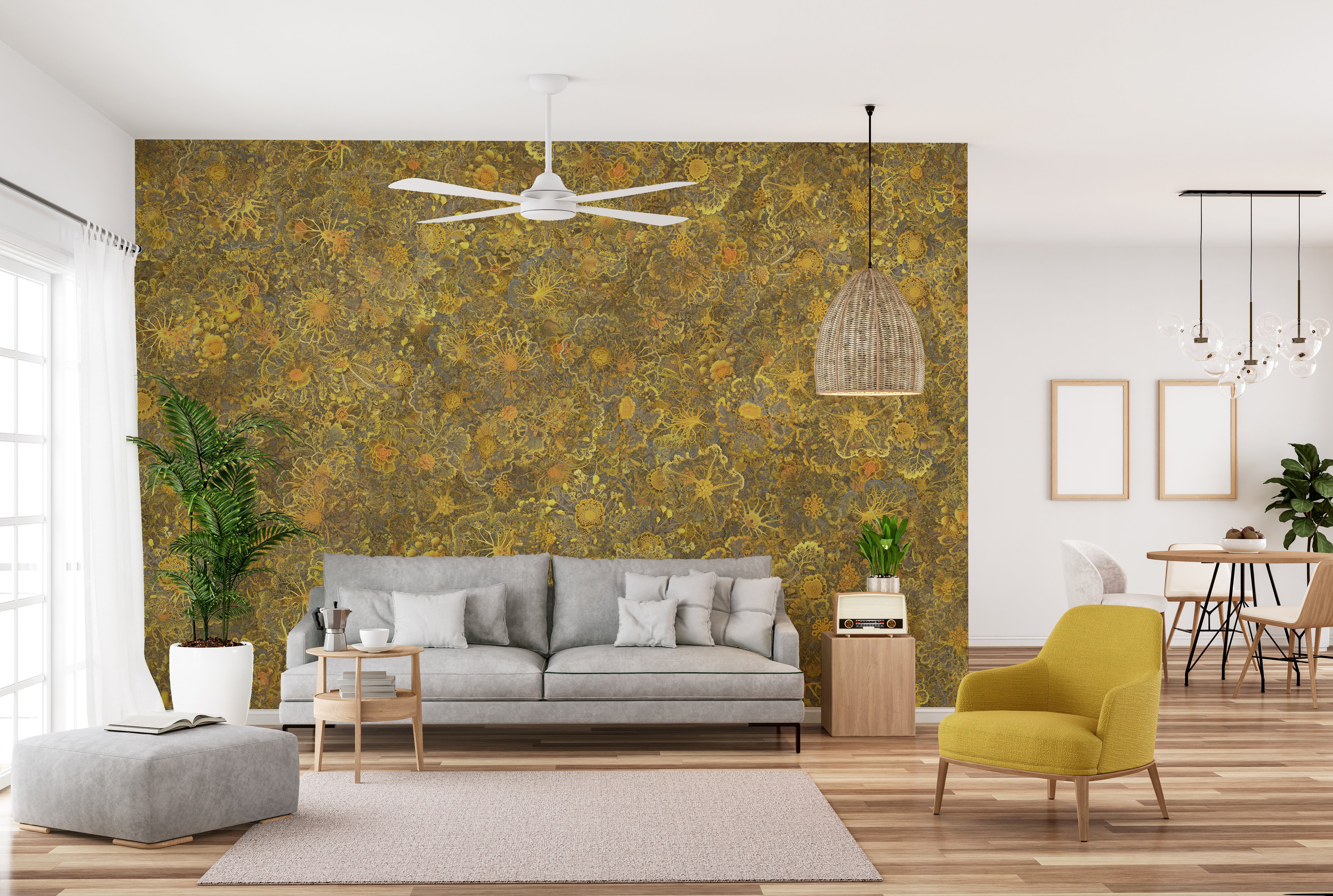 Embroidery-style yellow wallpaper murals
