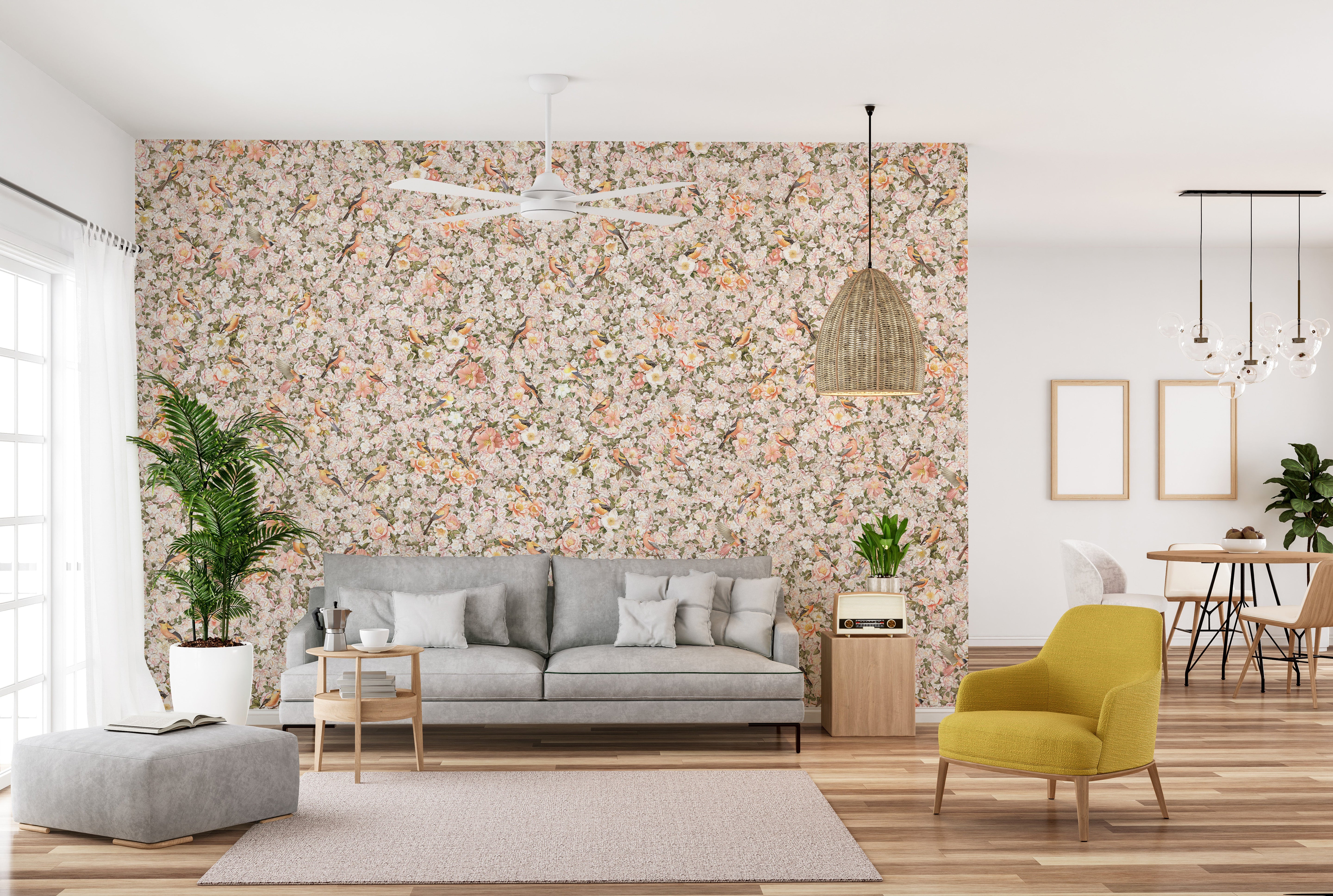 Birds and Florals Orange Color Wallpaper Mural - Giffywalls