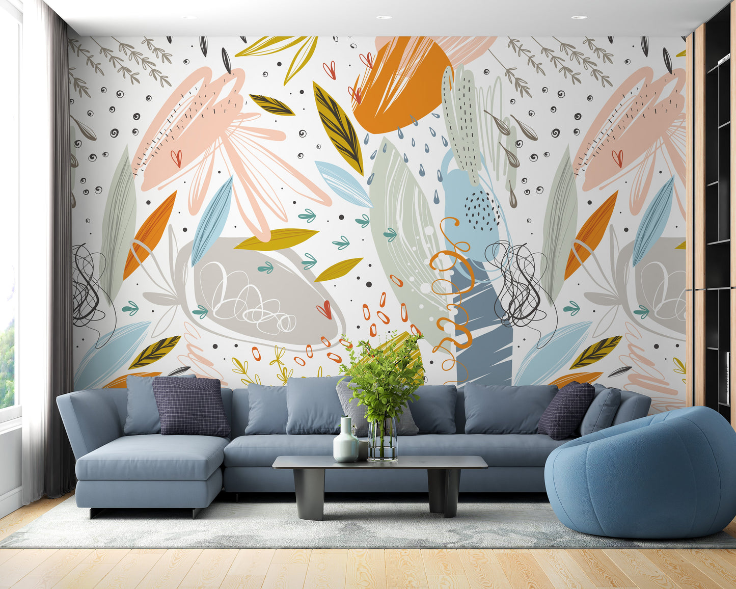 Colorful floral doodle mural design