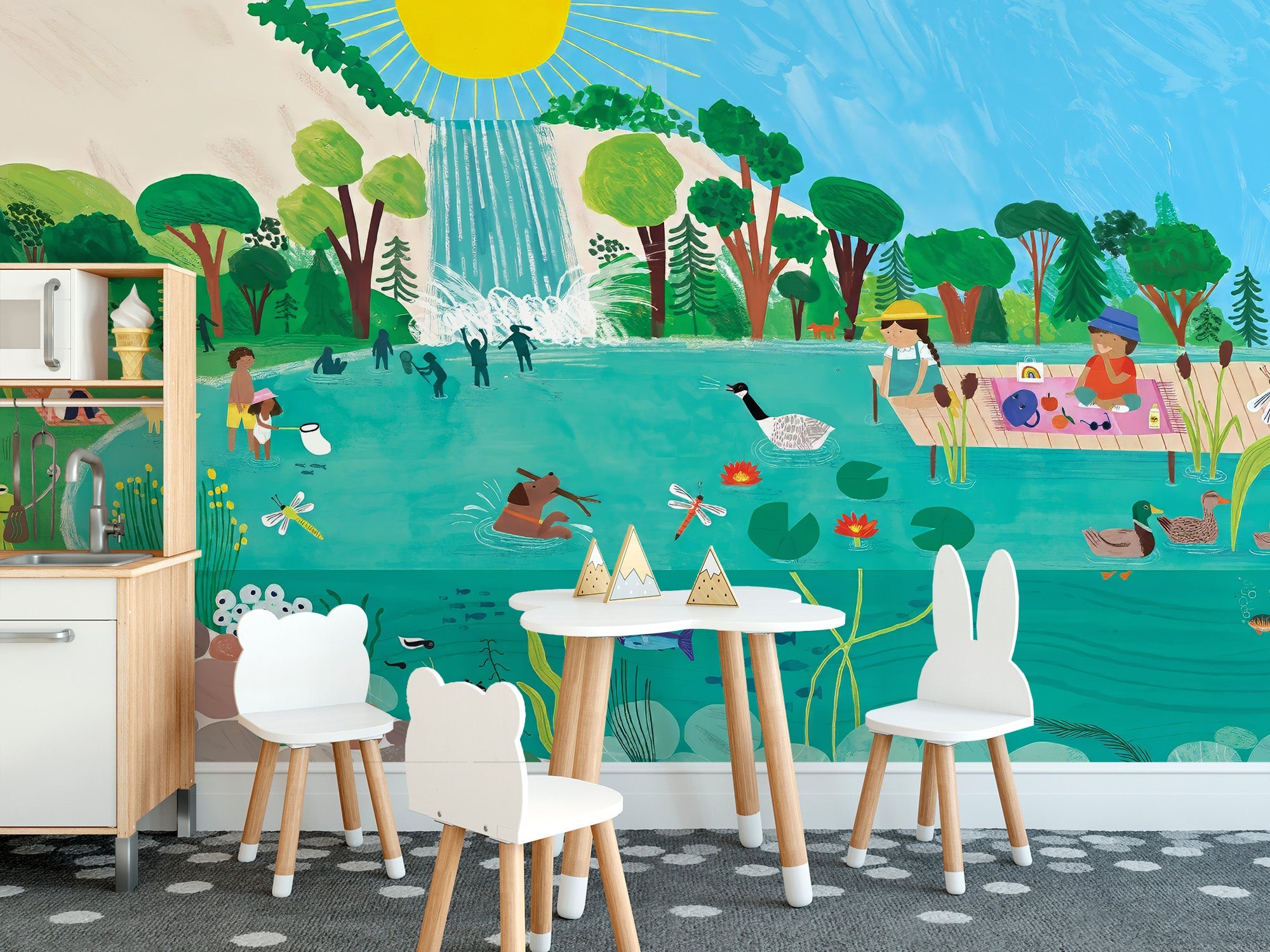 Sunny Lakeside Picnic Mural - Giffywalls