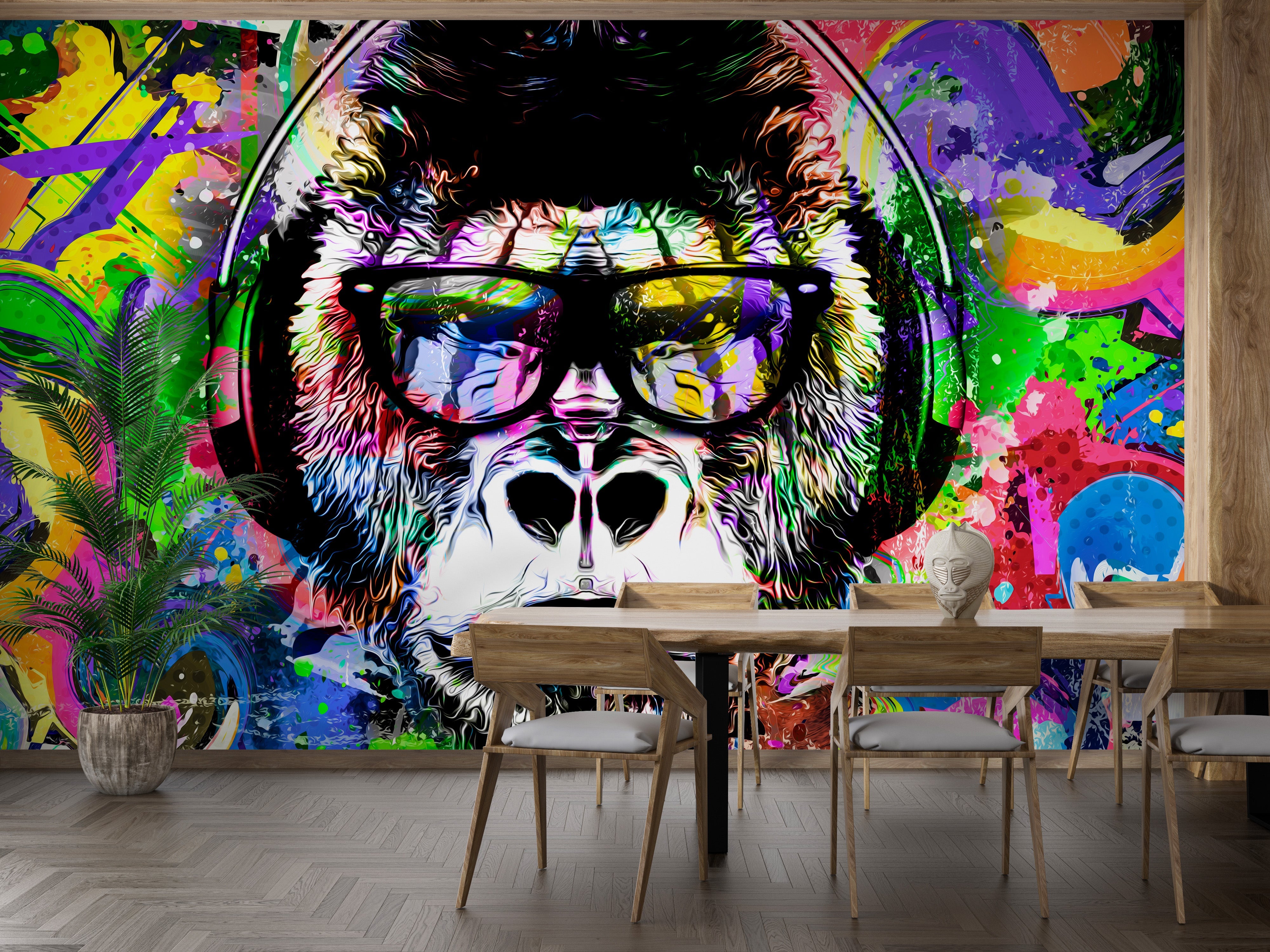 Artistic monkey graffiti mural wallpaper with bold colors.