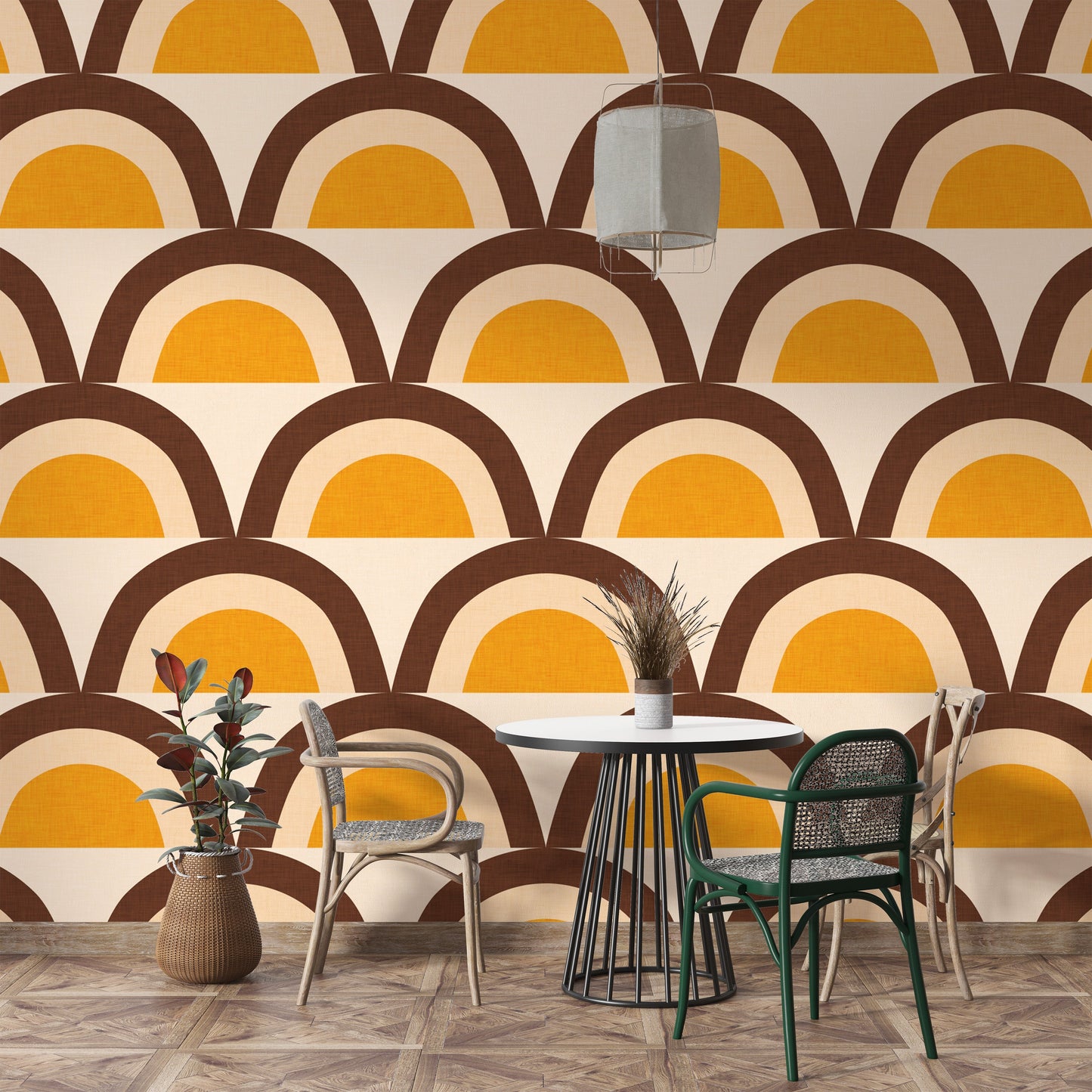 70s-inspired wallpaper mural with bold arches
