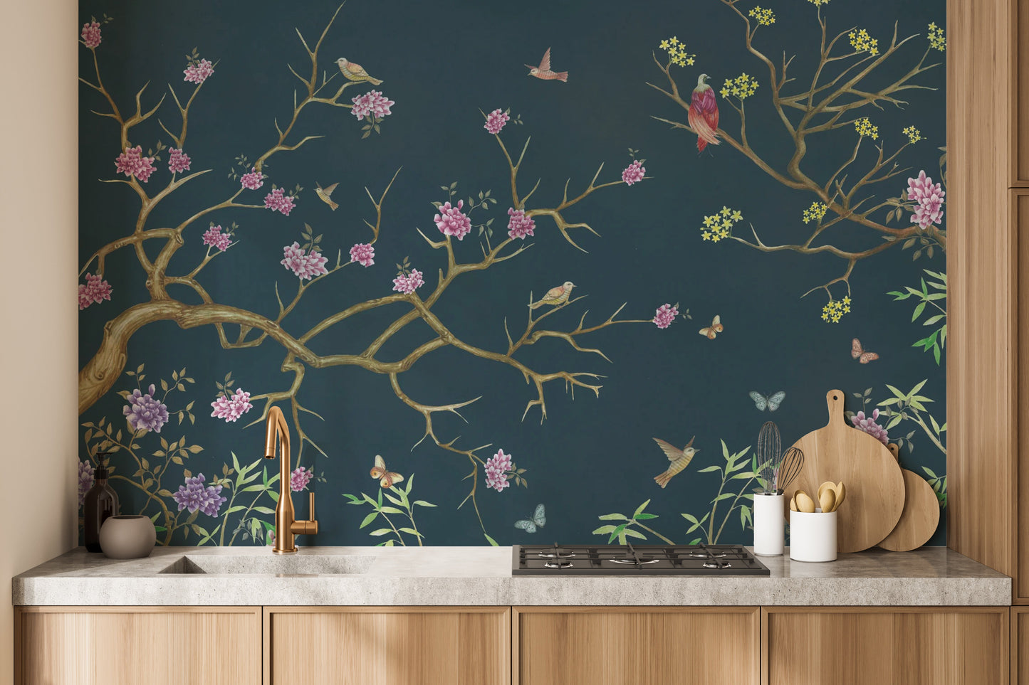 Vibrant flower chinoiserie wall art wallpaper