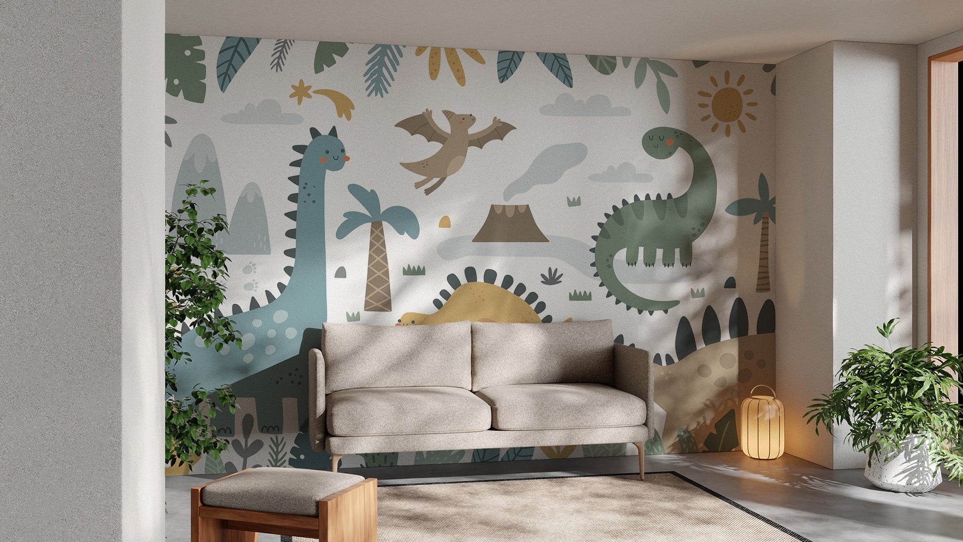 Trendy dinosaur design mural wallpaper for modern kids' decor.