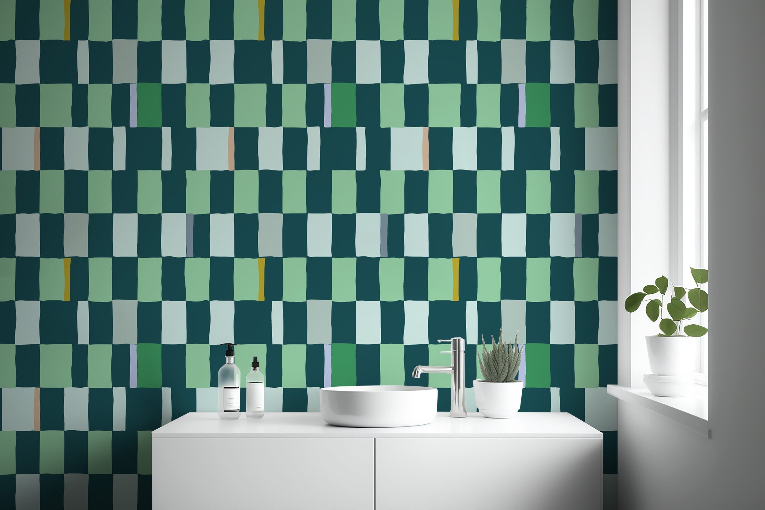 Playful checkered wallpaper featuring a summery chic design.
