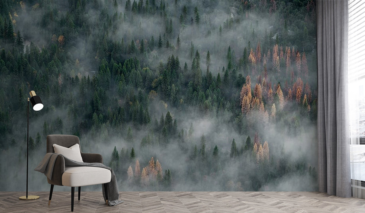 Pine forest mural wallpaper with foggy atmosphere
