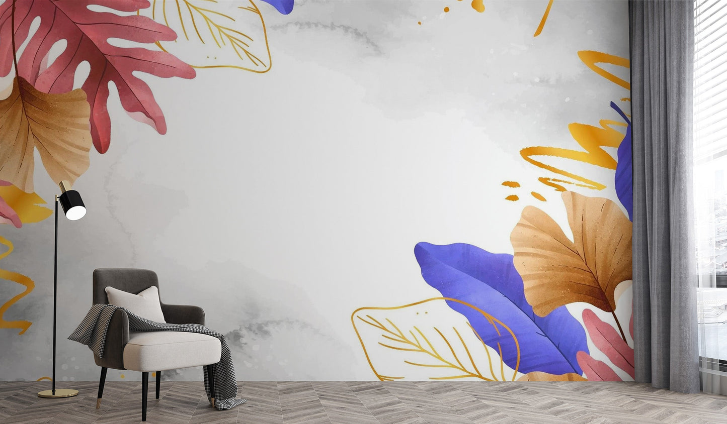 Golden blue and pink leaves wallpaper mural