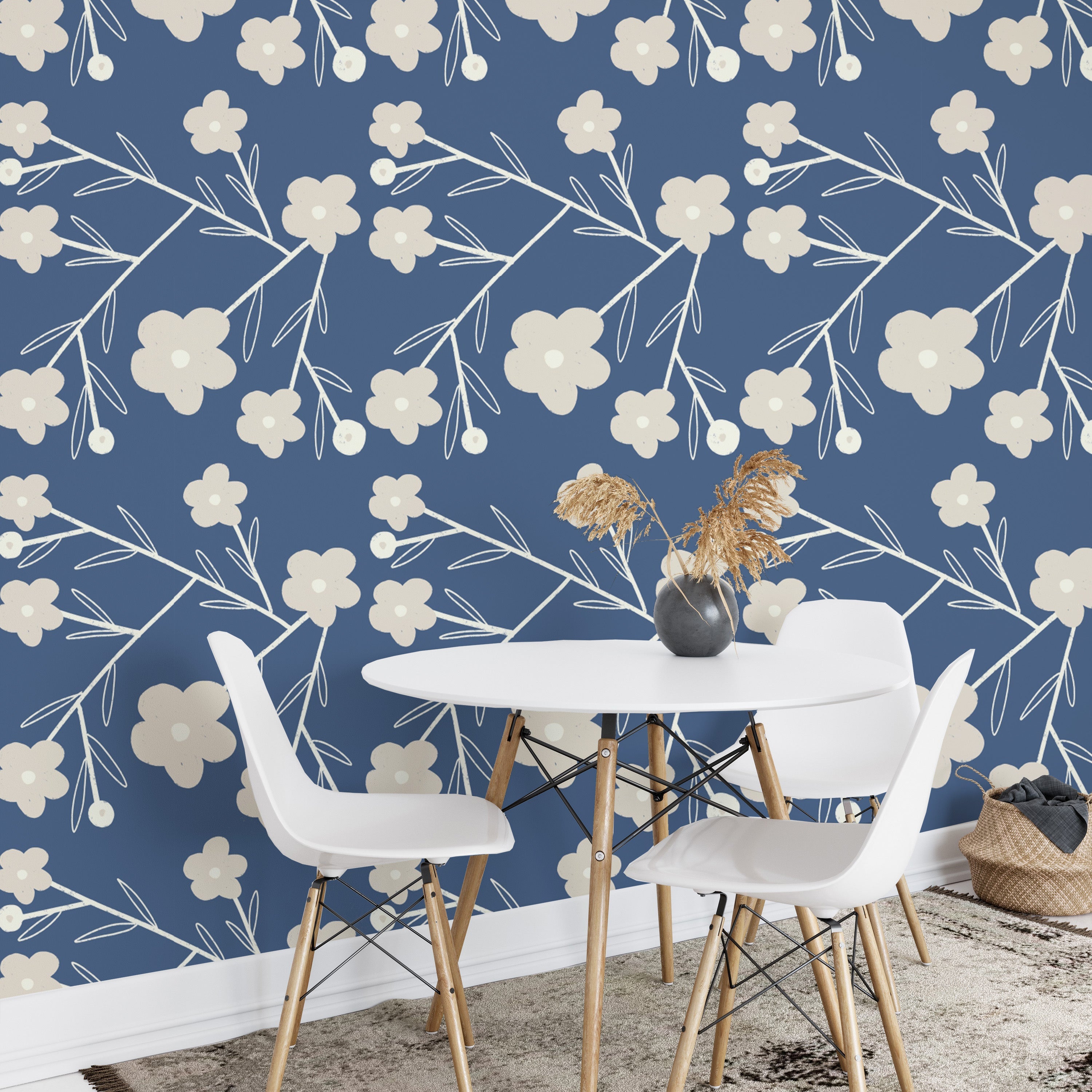 Subtle elegance in Navy Blue Modern Flower Buds Bush Wallpaper
