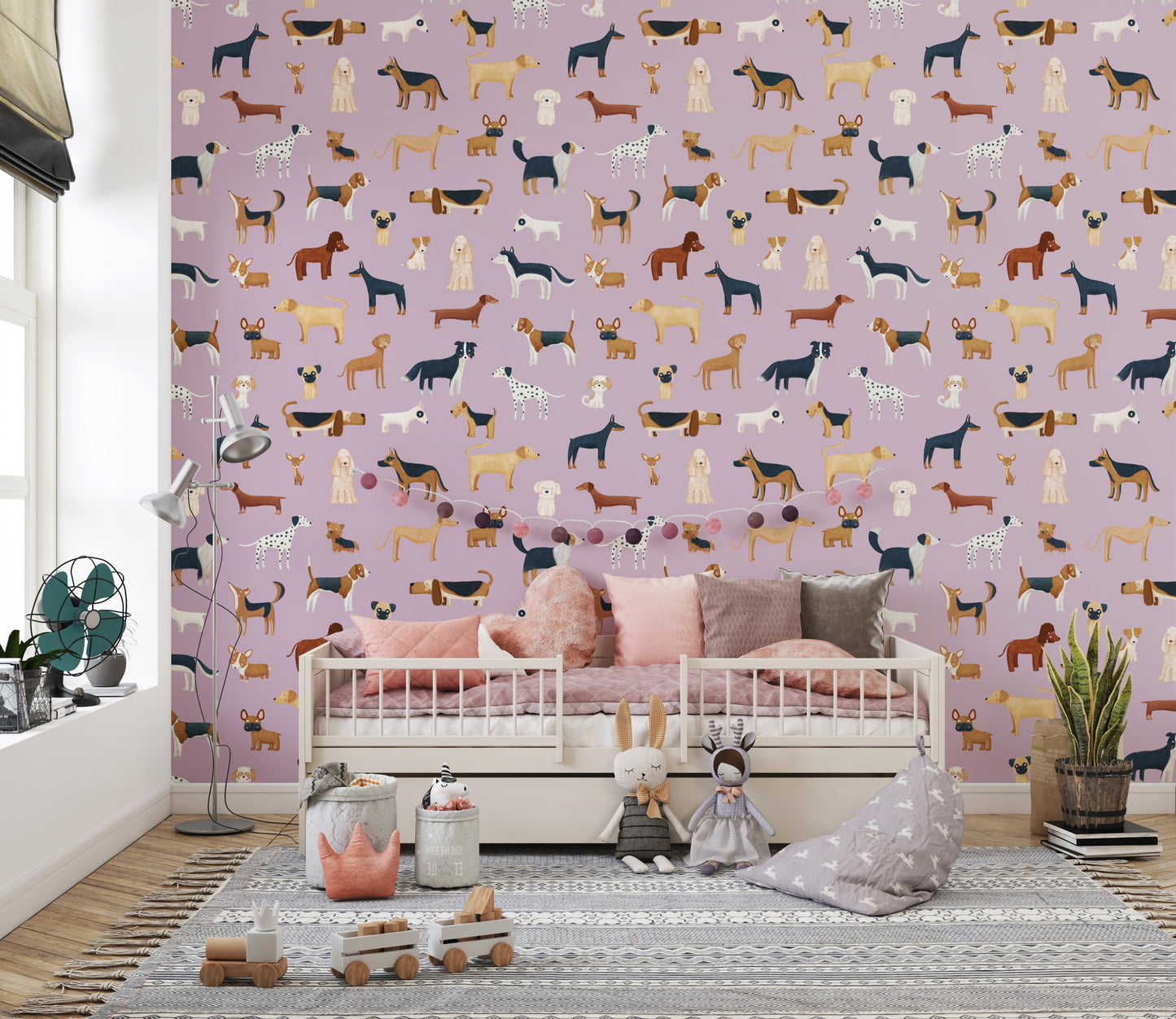 Lilac wallpaper with fun dog illustrations
