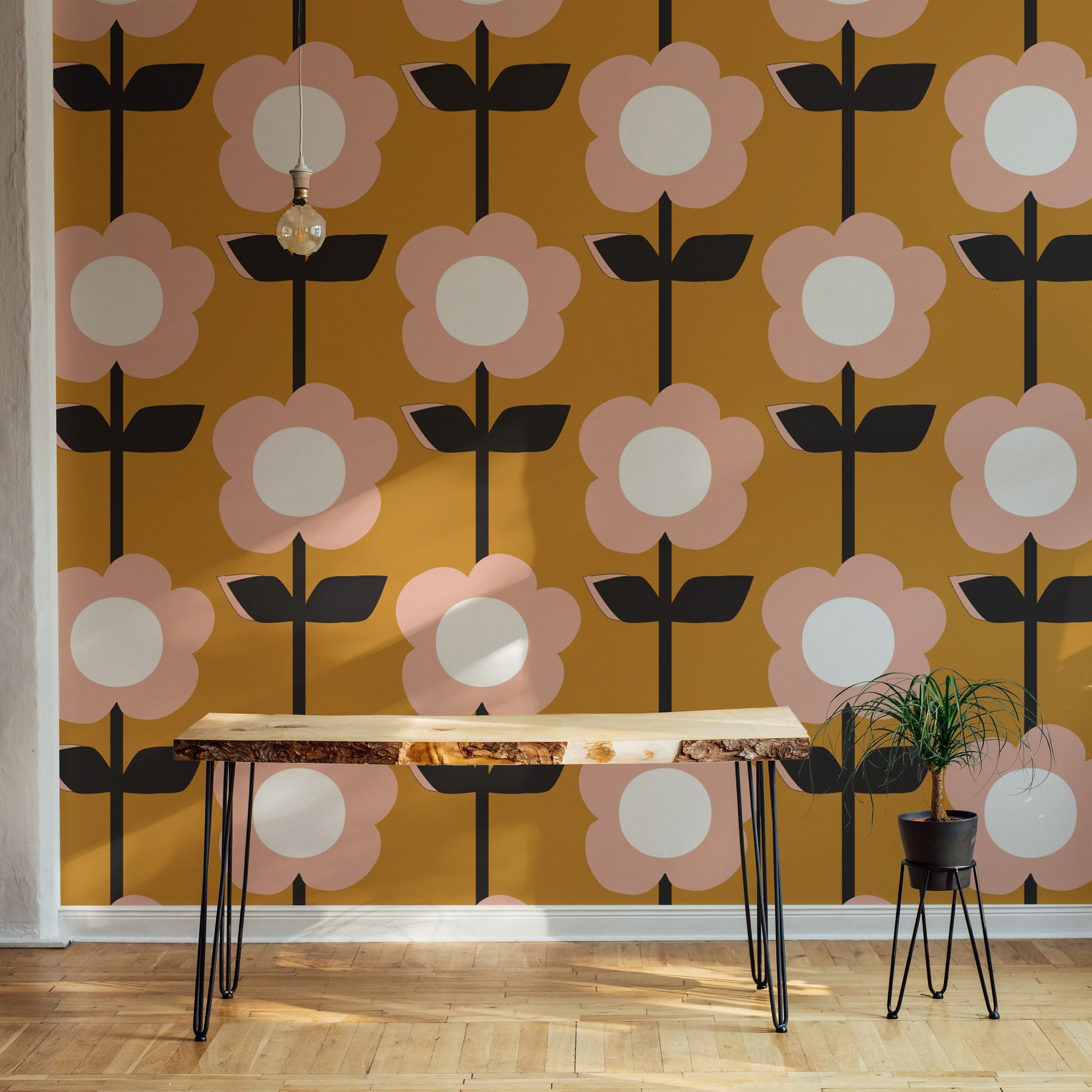 Brighten rooms with Flower Mustard Design Retro Wallpaper