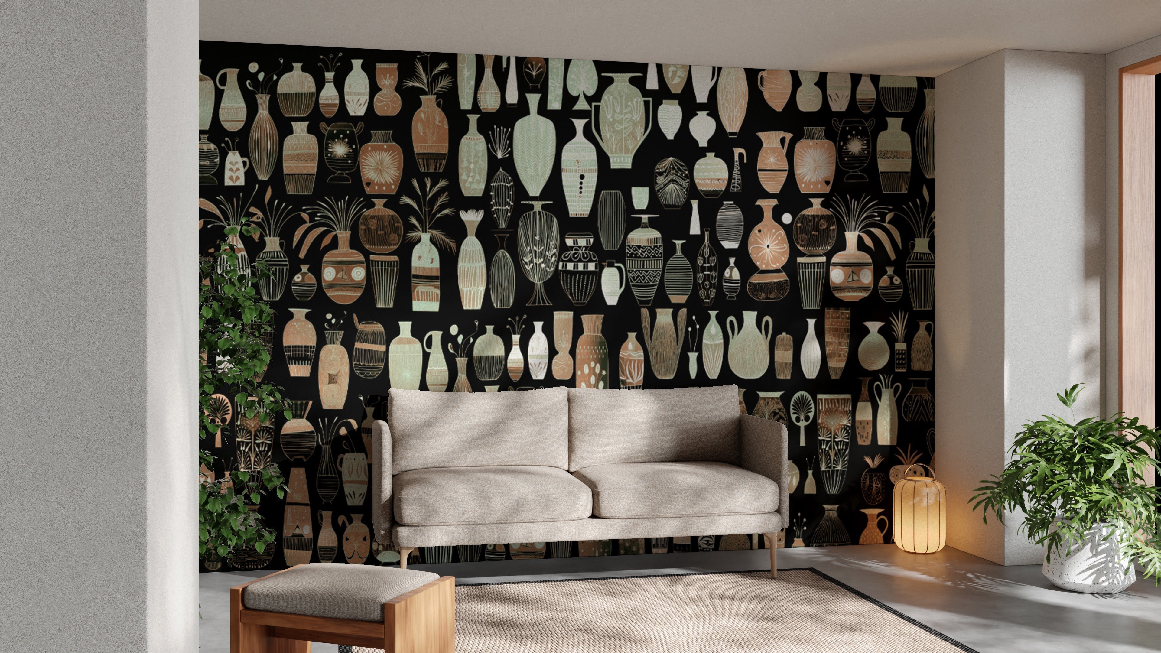 Artistic woodcut vase wallpaper murals for stylish decor.
