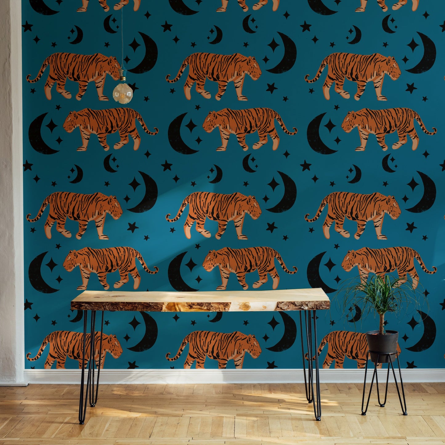 Cute Tiger Moon Blue Kids Room Wallpaper mural