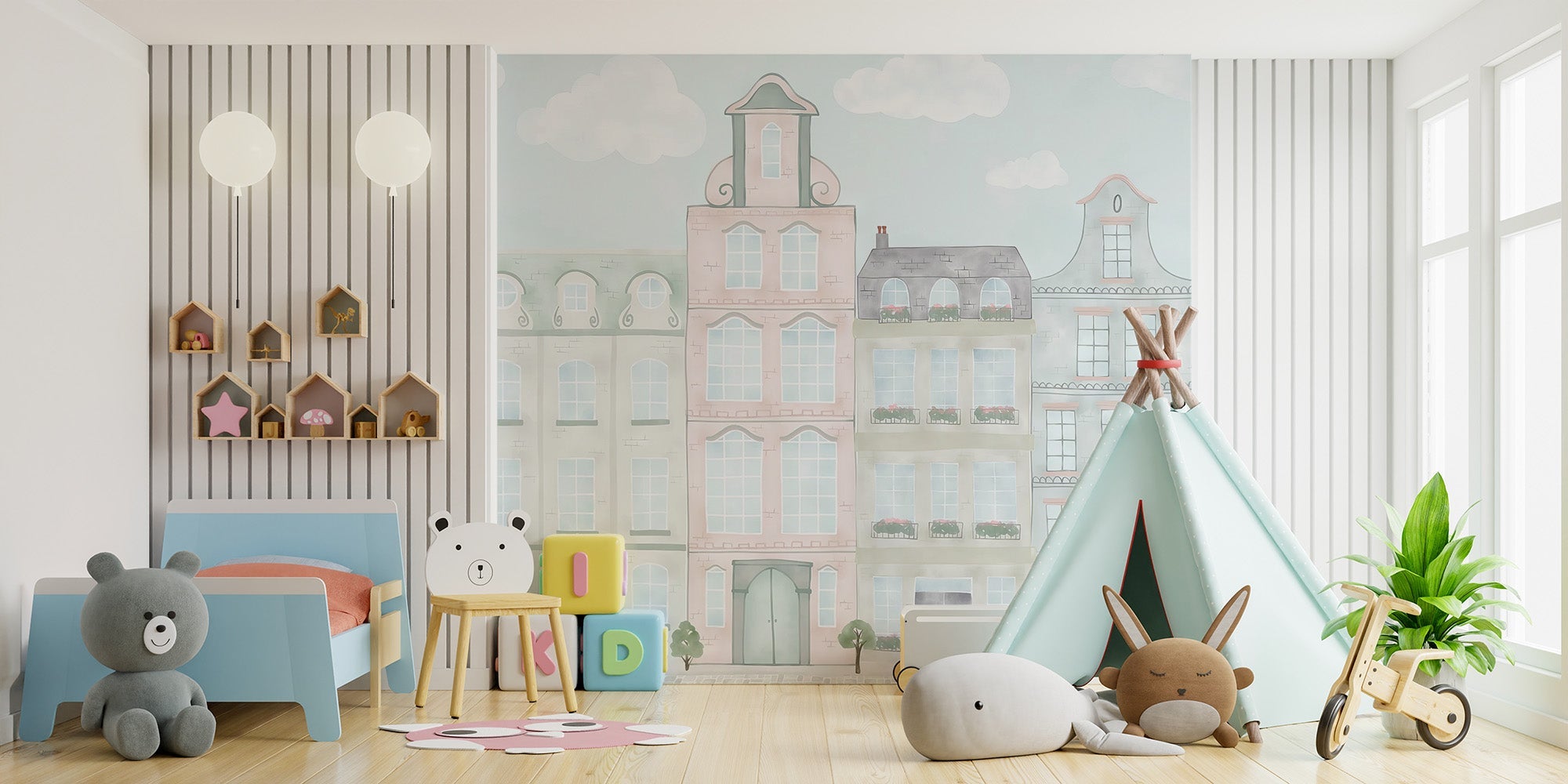 Soft cityscape wallpaper for baby rooms