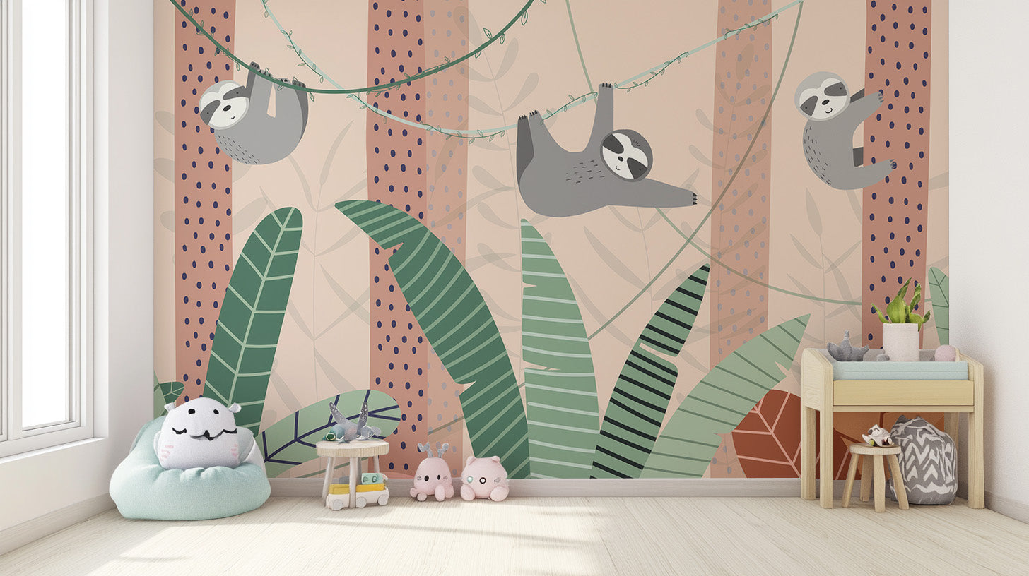 Playful sloth mural for kids’ rooms