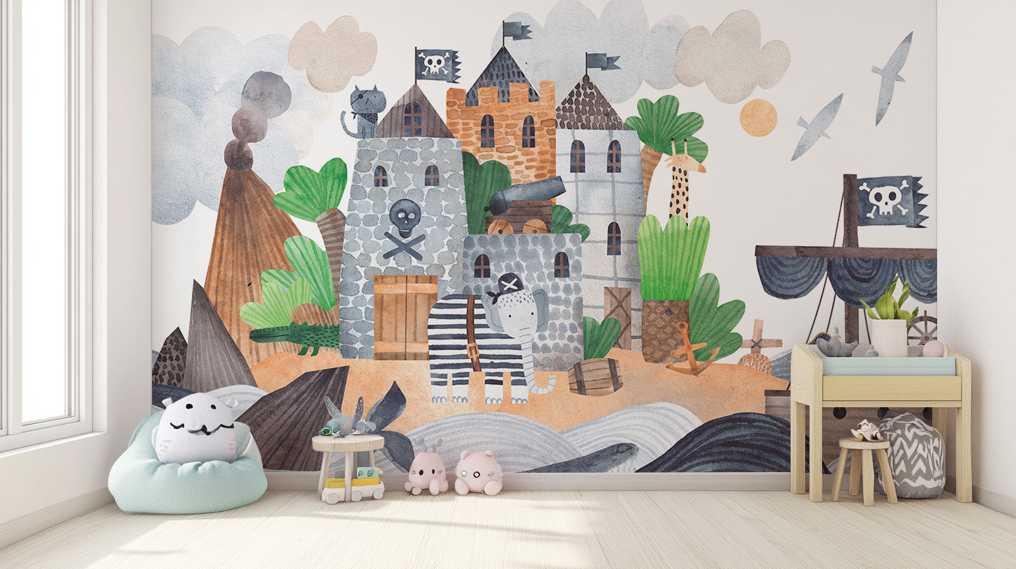 Bold pirate fortress-themed wall mural
