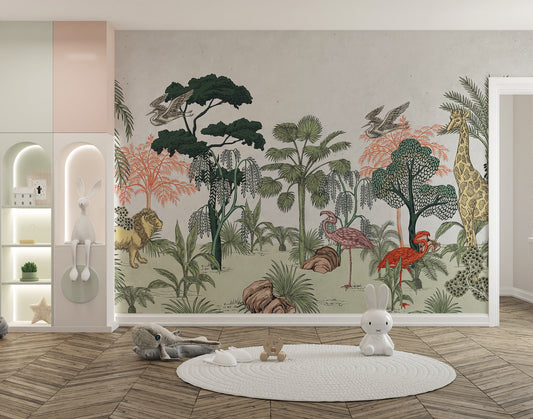 Playful tropical wildlife mural
