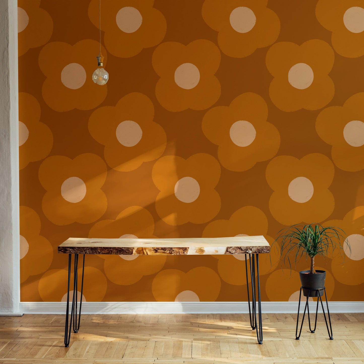 Orange floral mural with modern daisy patterns
