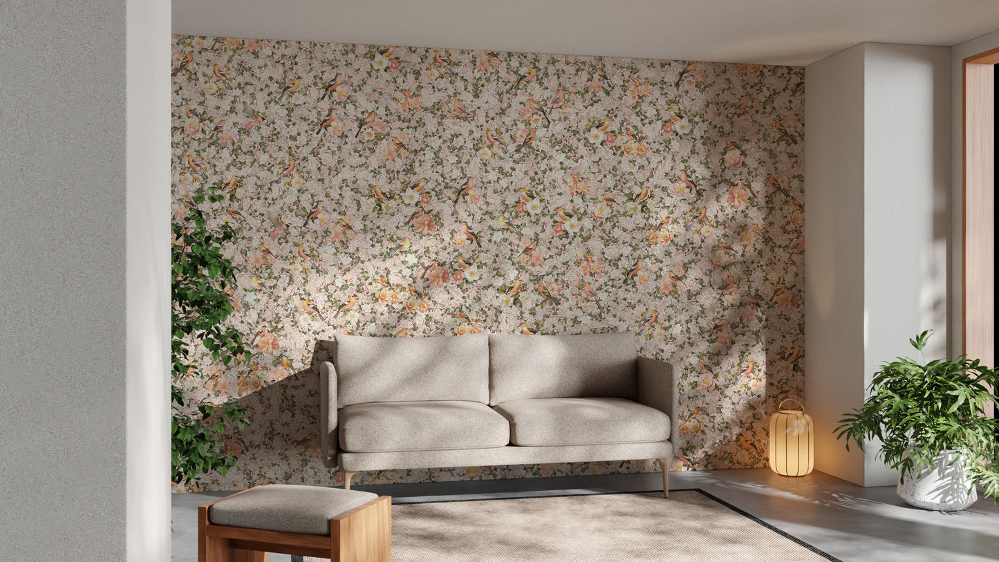 Birds and Florals Orange Color Wallpaper Mural - Giffywalls