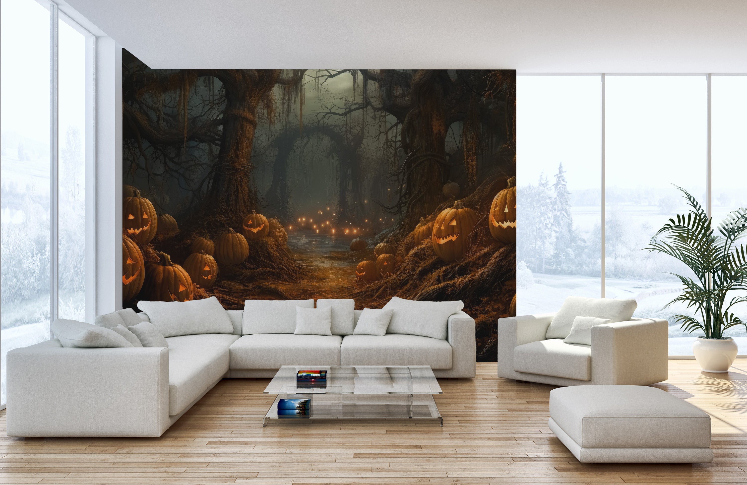 Eerie Pumpkin Forest Silhouette Wall Mural - Giffywalls