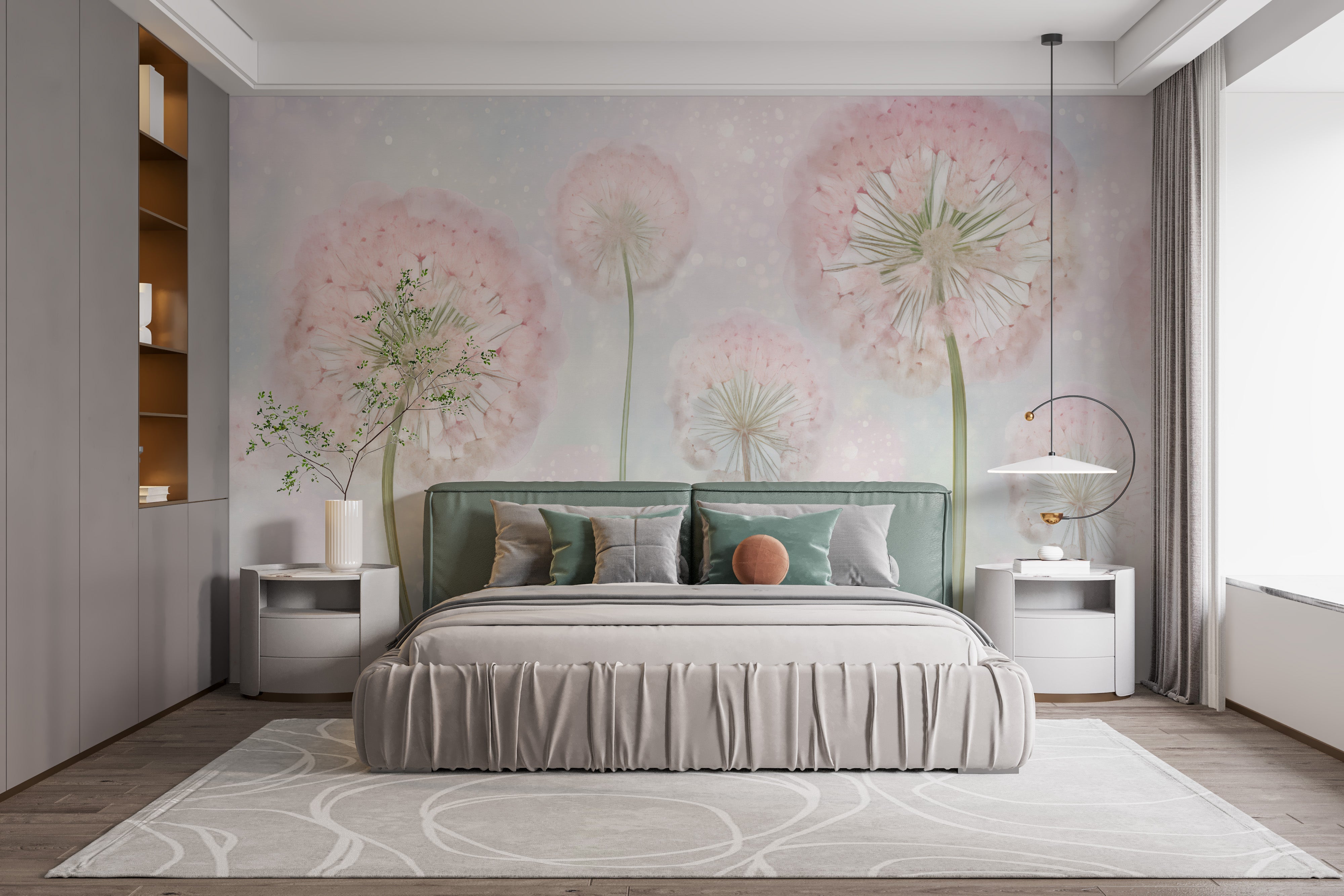 Elegant pink dandelion seeds wallpaper mural for a dreamy atmosphere.